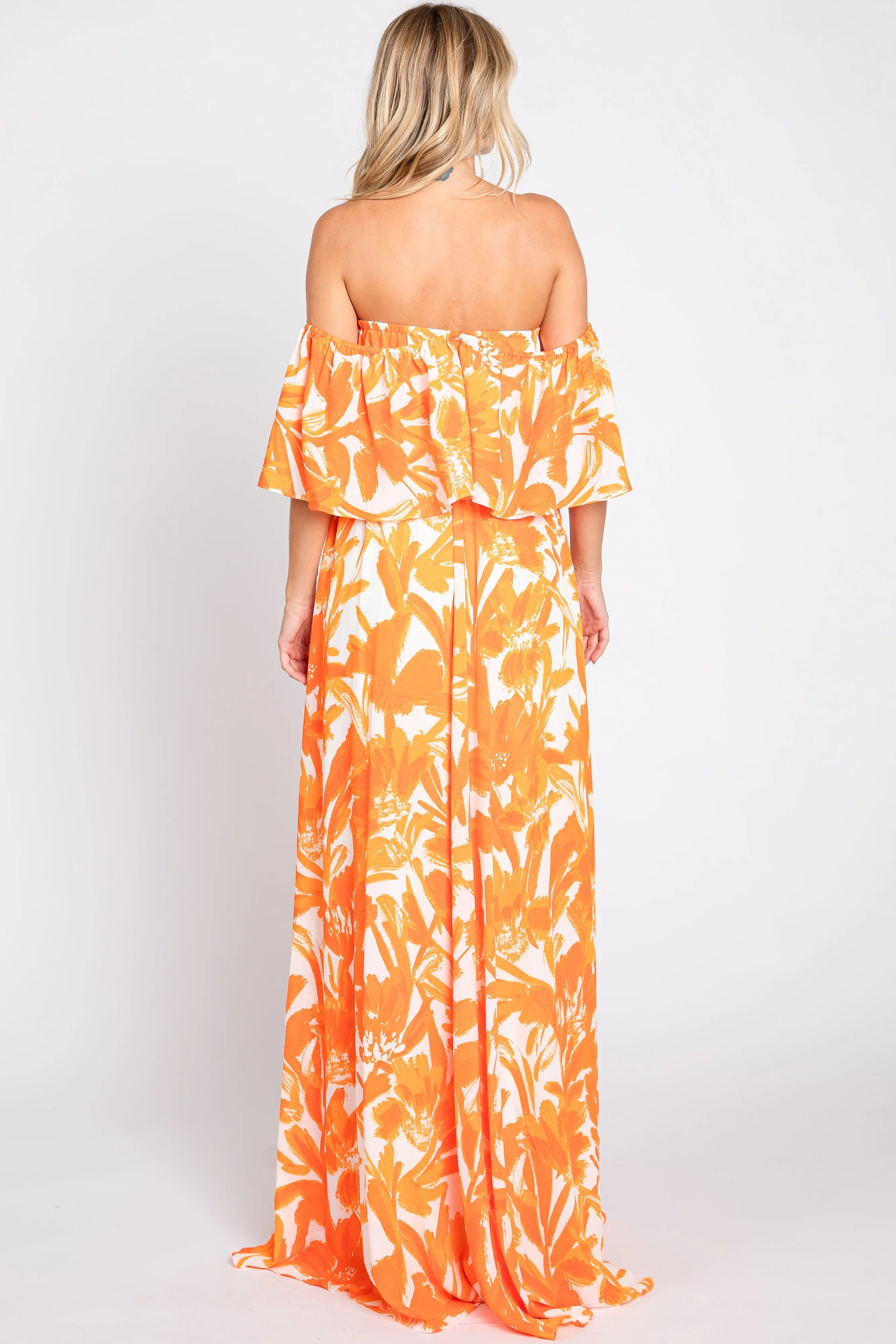Orange Floral Off Shoulder Flounce Maxi Dress sold by Pinkblush product image thumbnail 3