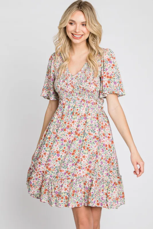 Yellow Multi Floral Smocked V-Neck Dress sold by Pinkblush