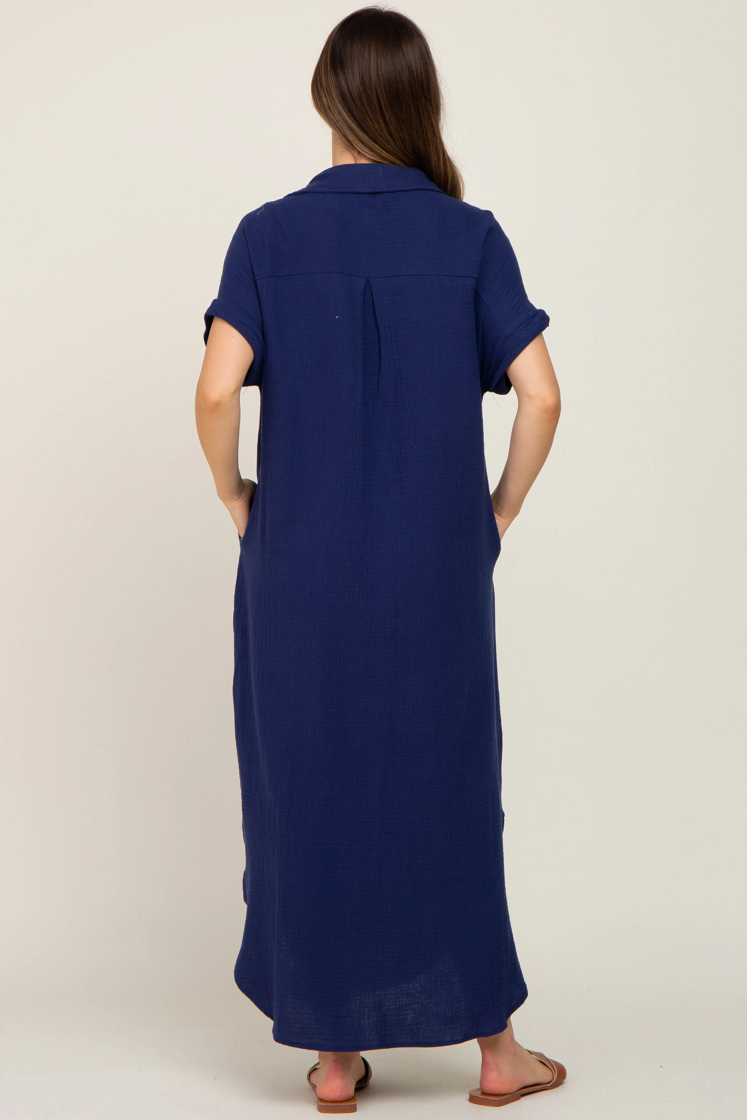 Navy Button Down Maternity Midi Dress sold by Pinkblush product image thumbnail 3