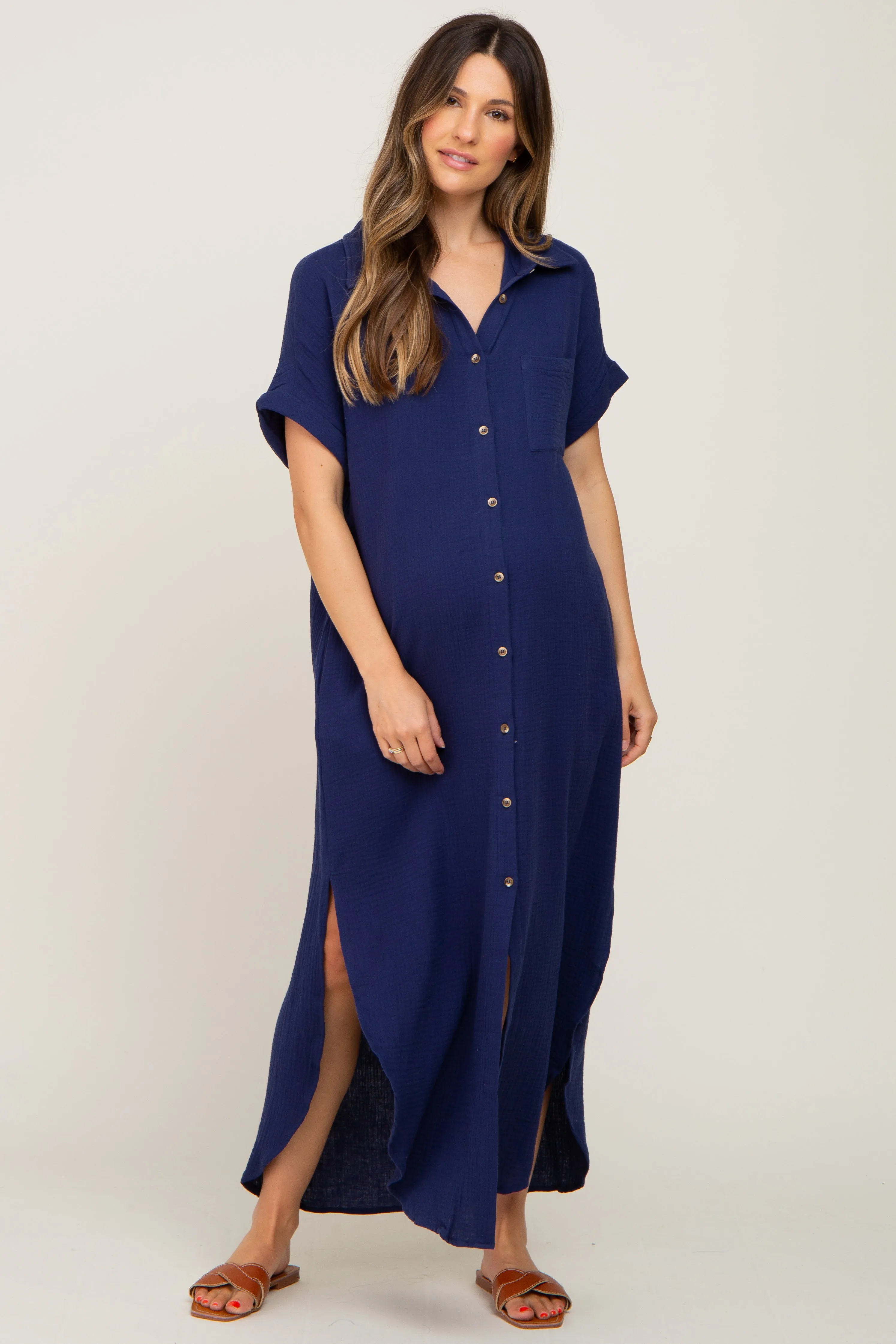 Navy Button Down Maternity Midi Dress sold by Pinkblush