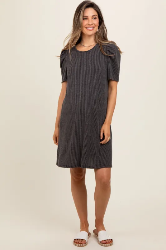 Charcoal Washed Ribbed Puff Sleeve Maternity Dress sold by Pinkblush