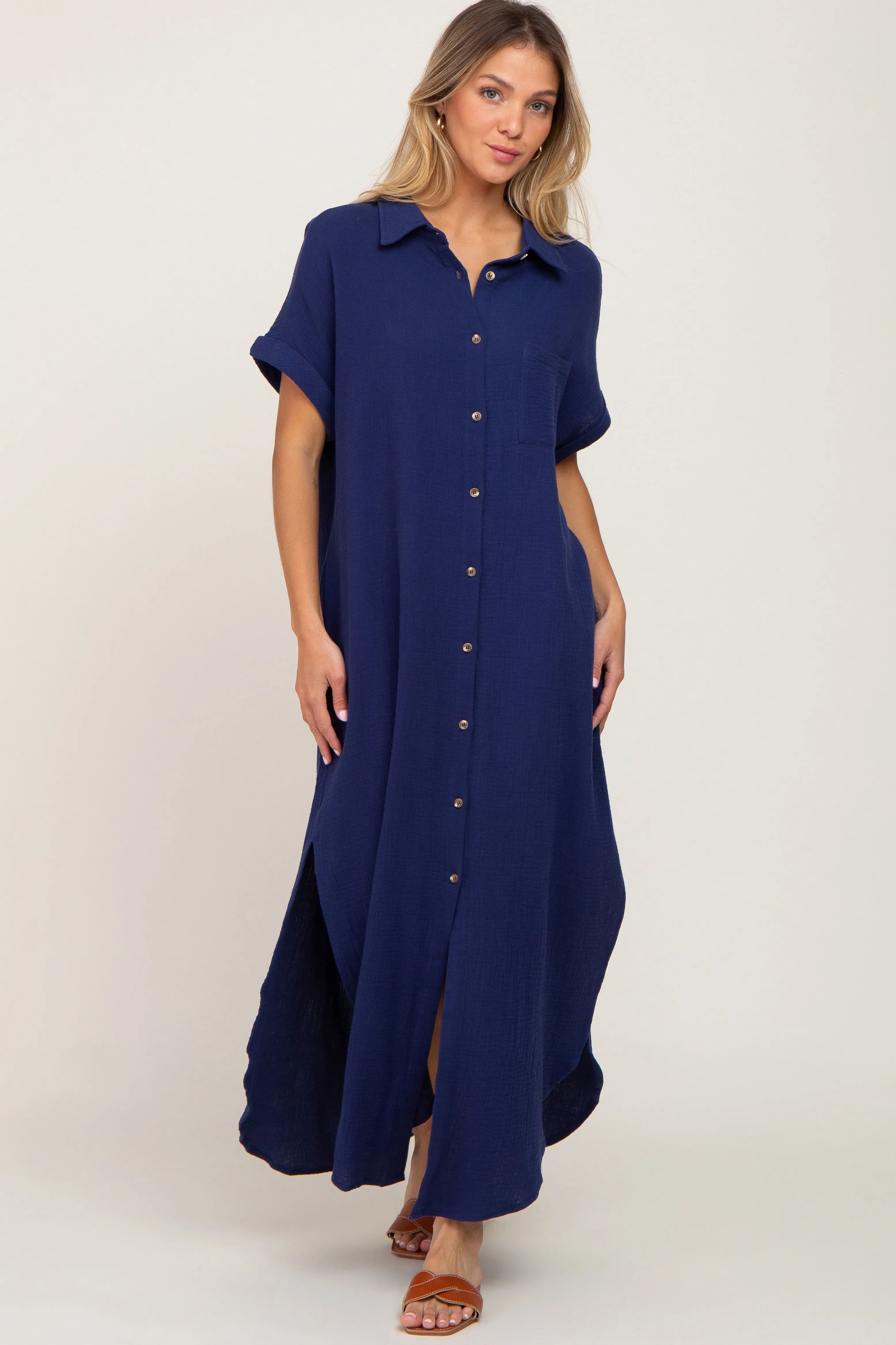 Navy Button Down Maternity Midi Dress sold by Pinkblush product image thumbnail 4
