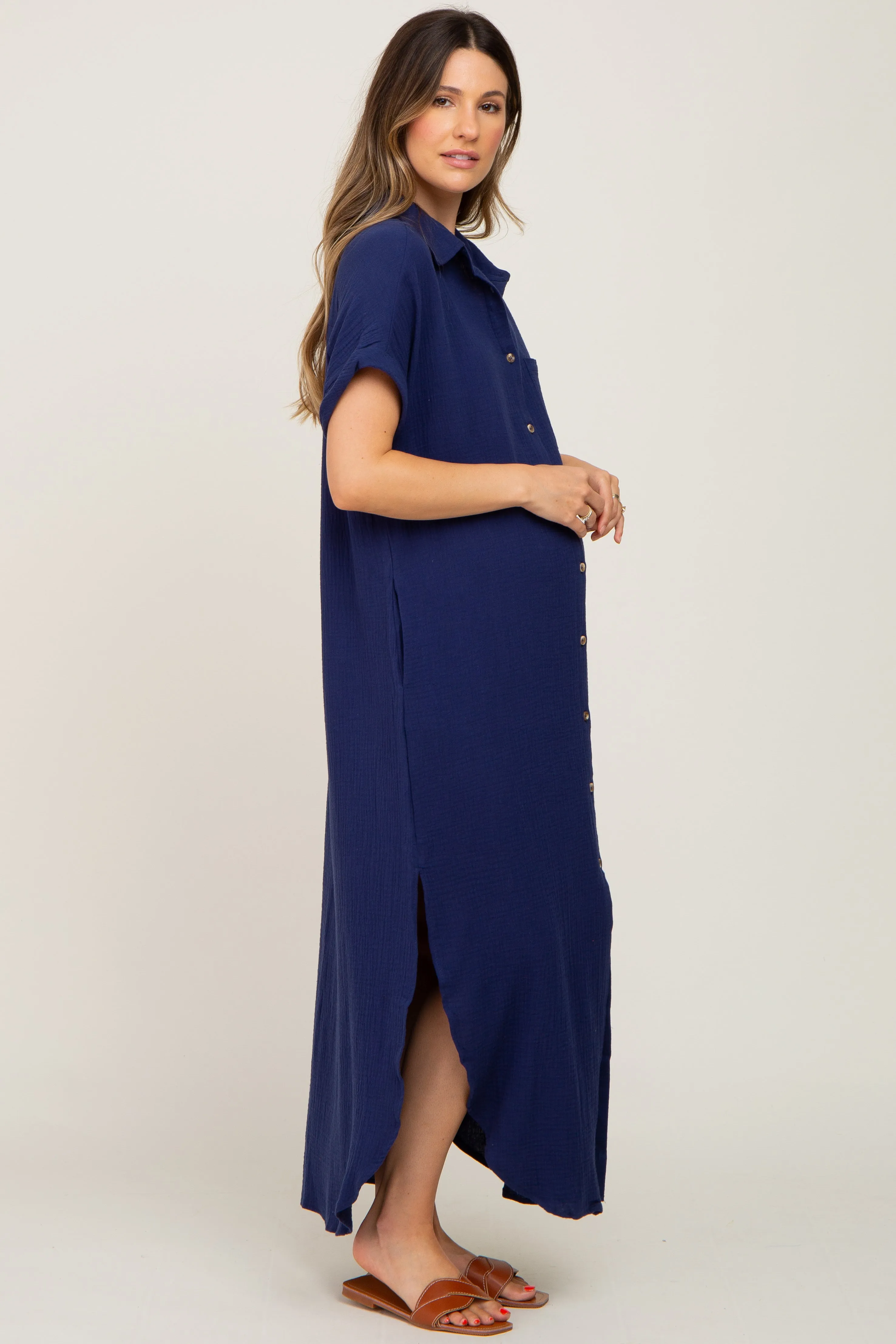 Navy Button Down Maternity Midi Dress sold by Pinkblush product image thumbnail 2