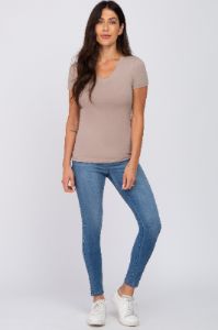 Taupe V-Neck Short Sleeve Top sold by Pinkblush
