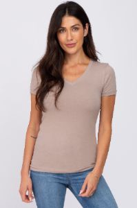 Taupe V-Neck Short Sleeve Top sold by Pinkblush