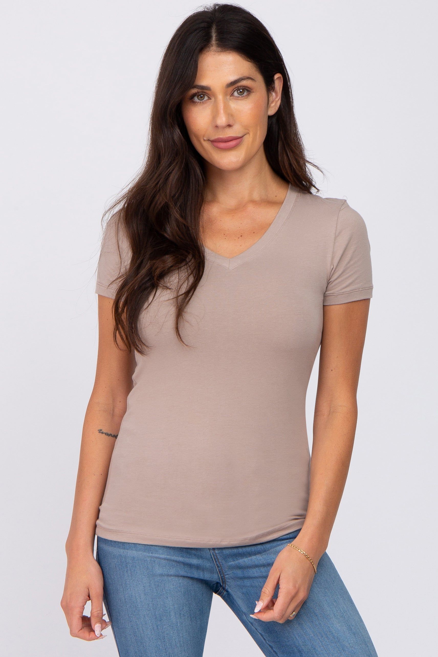 Taupe V-Neck Short Sleeve Top sold by Pinkblush