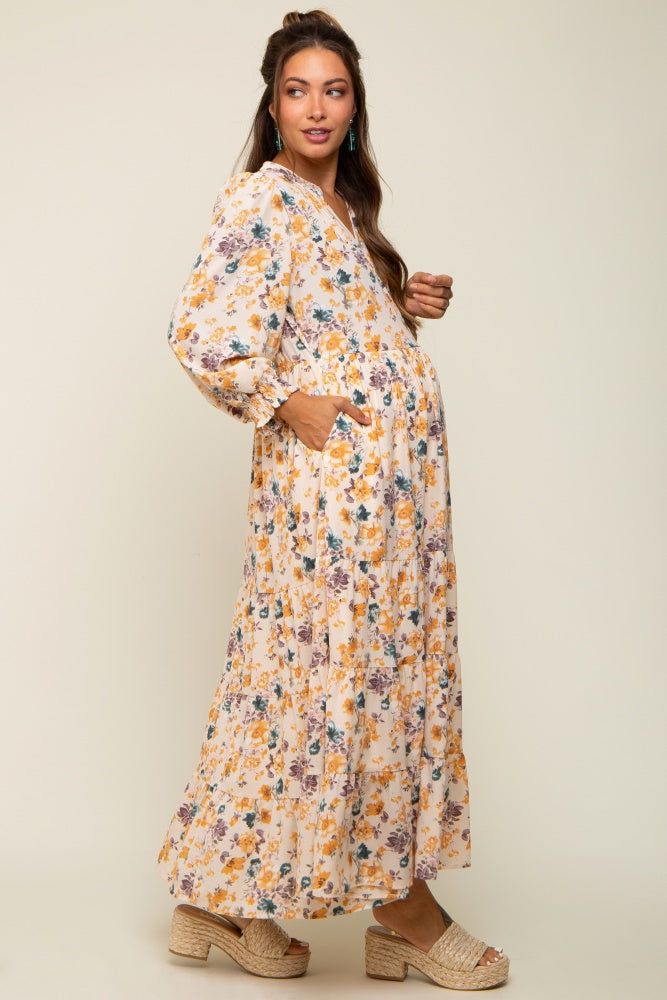 Cream Floral 3/4 Sleeve Tiered Maternity Midi Dress sold by Pinkblush product image thumbnail 3