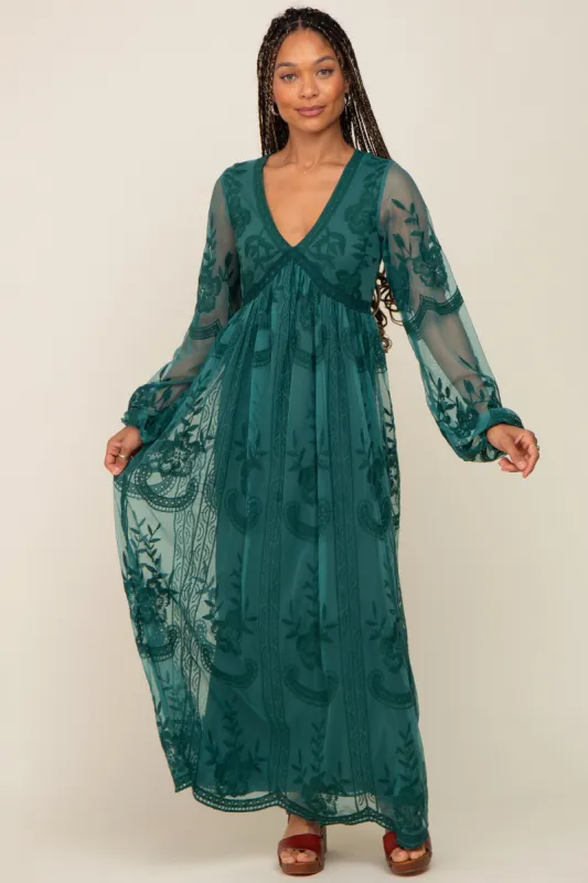 PinkBlush Emerald Green Lace Mesh Overlay Long Sleeve Maxi Dress sold by Pinkblush