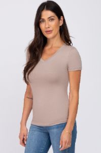 Taupe V-Neck Short Sleeve Top sold by Pinkblush