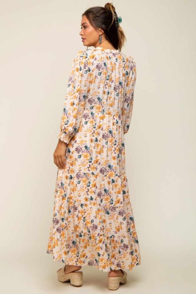 Cream Floral 3/4 Sleeve Tiered Maternity Midi Dress sold by Pinkblush product image thumbnail 4