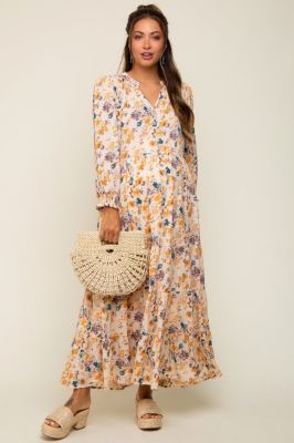 Cream Floral 3/4 Sleeve Tiered Maternity Midi Dress sold by Pinkblush