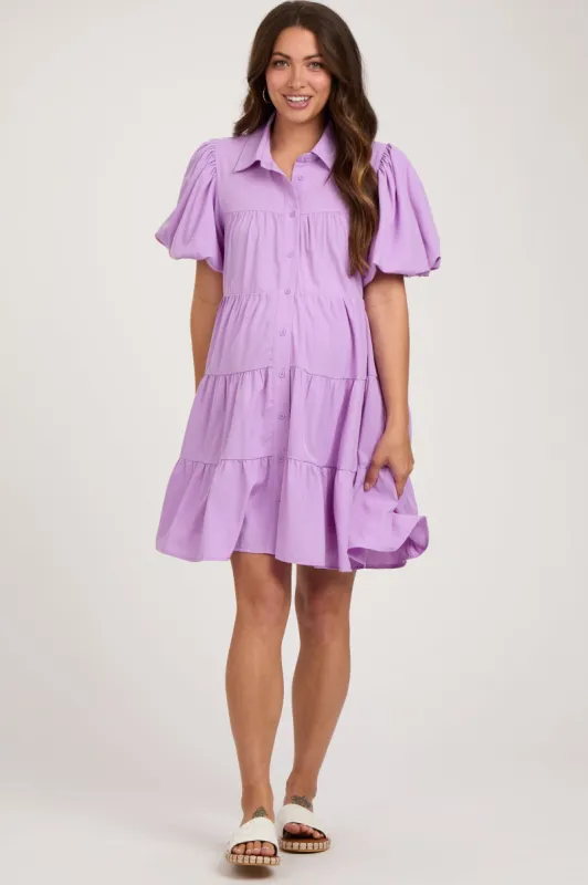 Lavender Puff Sleeve Maternity Mini Shirt Dress sold by Pinkblush