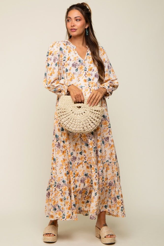 Cream Floral 3/4 Sleeve Tiered Maternity Midi Dress sold by Pinkblush product image thumbnail 5