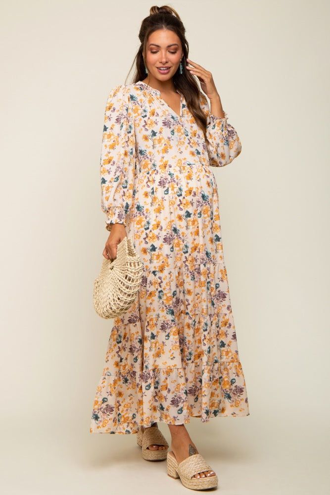 Cream Floral 3/4 Sleeve Tiered Maternity Midi Dress sold by Pinkblush product image thumbnail 2
