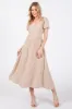 Taupe Puff Sleeve Linen Maternity Midi Dress sold by Pinkblush