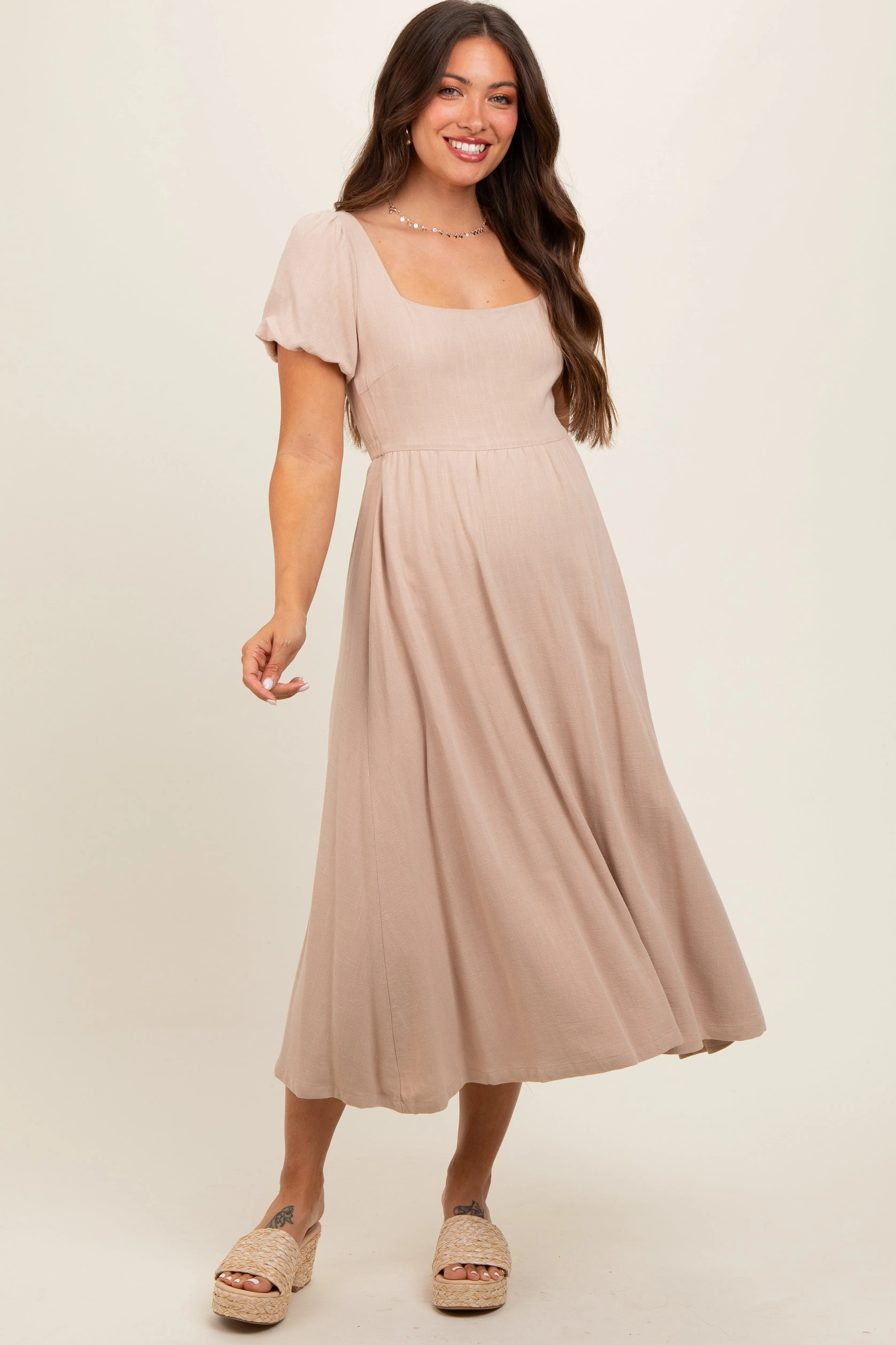Taupe Puff Sleeve Linen Maternity Midi Dress sold by Pinkblush