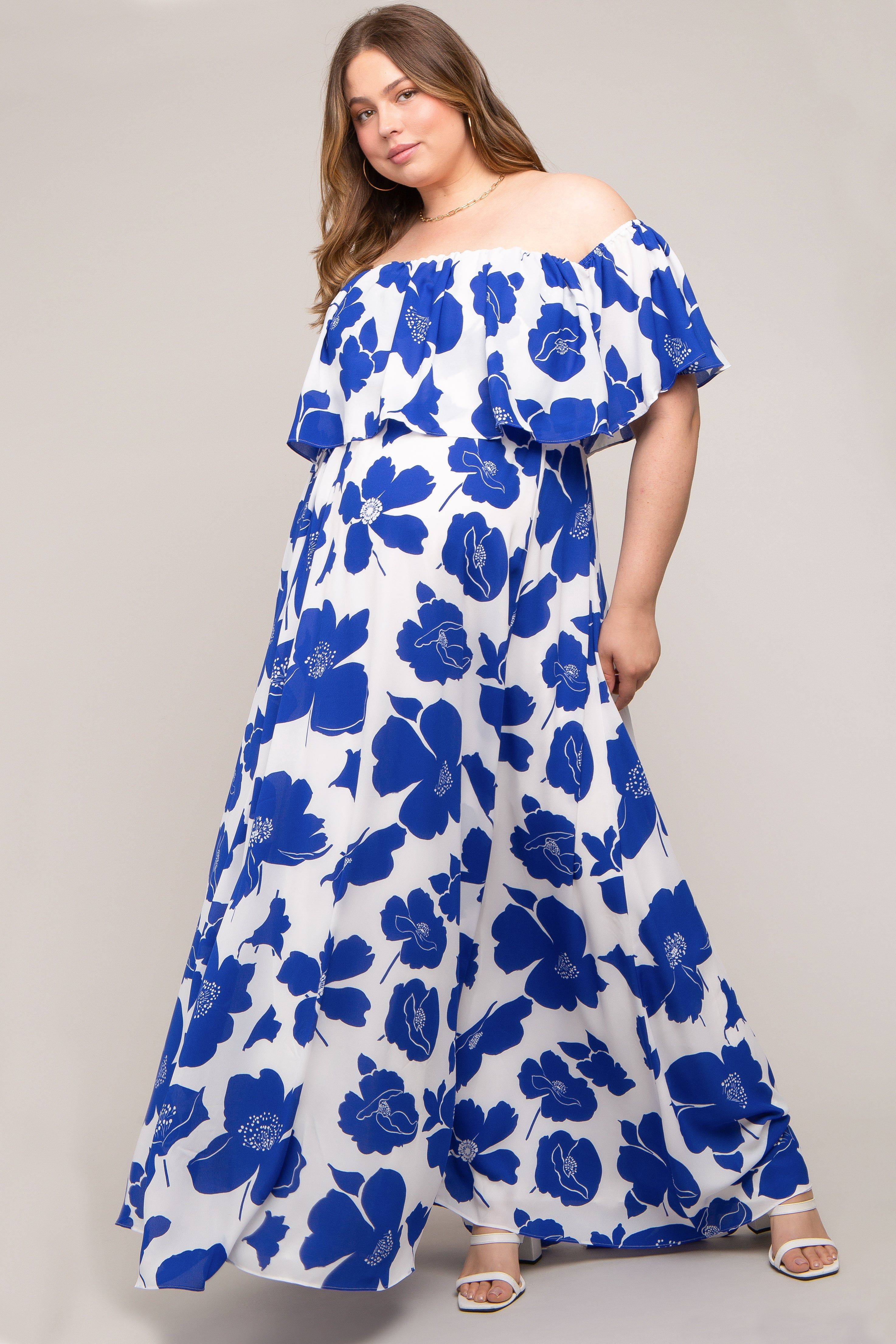 White Floral Off Shoulder Maternity Plus Maxi Dress sold by Pinkblush
