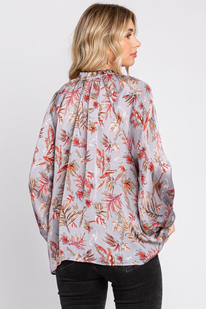 Grey Floral Ruffle Neck Puff 3/4 Sleeve Satin Top sold by Pinkblush product image thumbnail 3