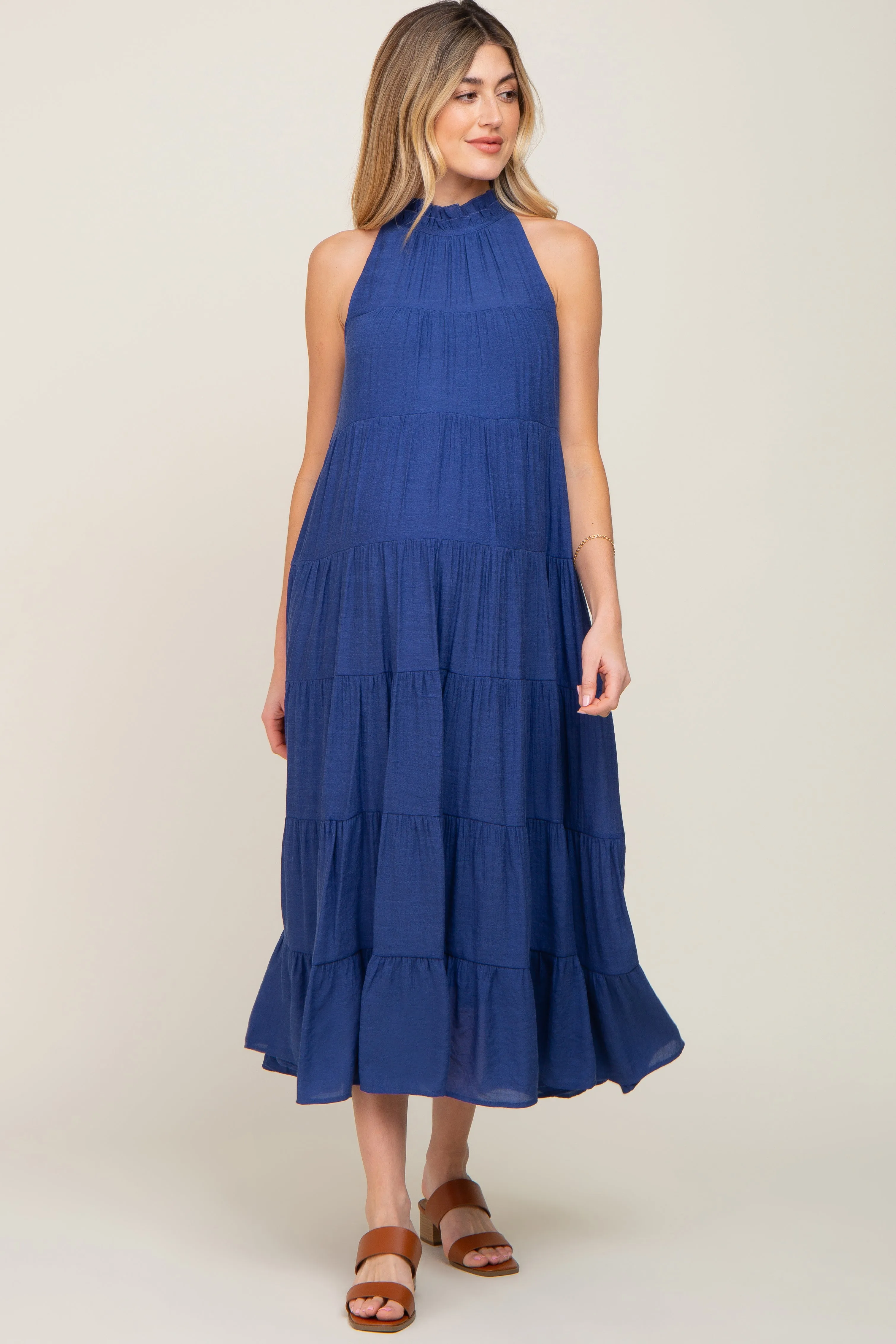 Navy Tiered High Neck Maternity Maxi Dress sold by Pinkblush product image thumbnail 4