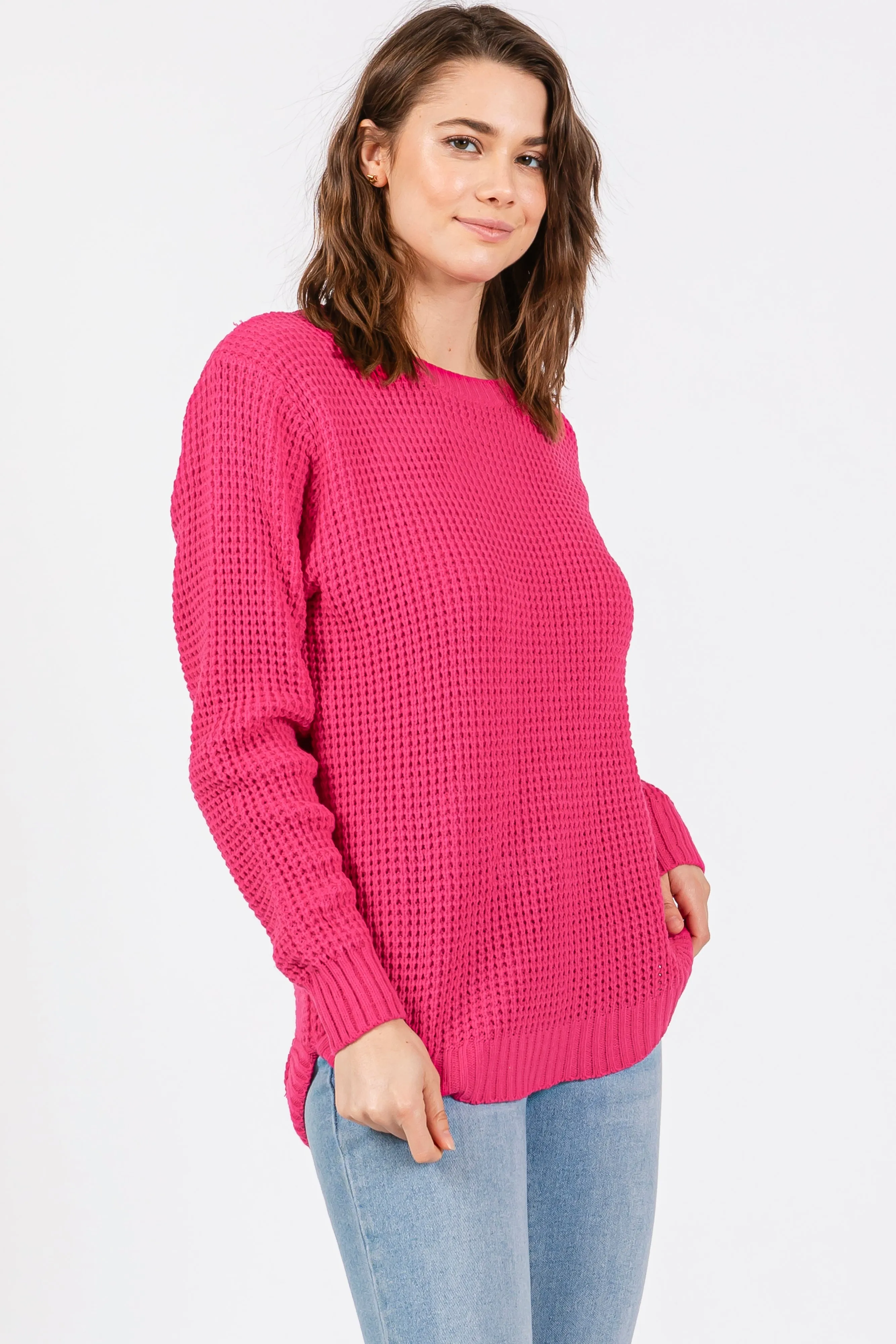 Fuchsia Waffle Knit Round Hem Sweater sold by Pinkblush product image thumbnail 2