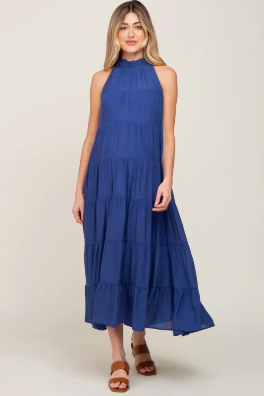 Navy Tiered High Neck Maternity Maxi Dress sold by Pinkblush