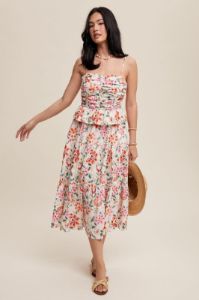 Cream Flower Print Ruched Design Tiered Maxi Dress sold by Pinkblush