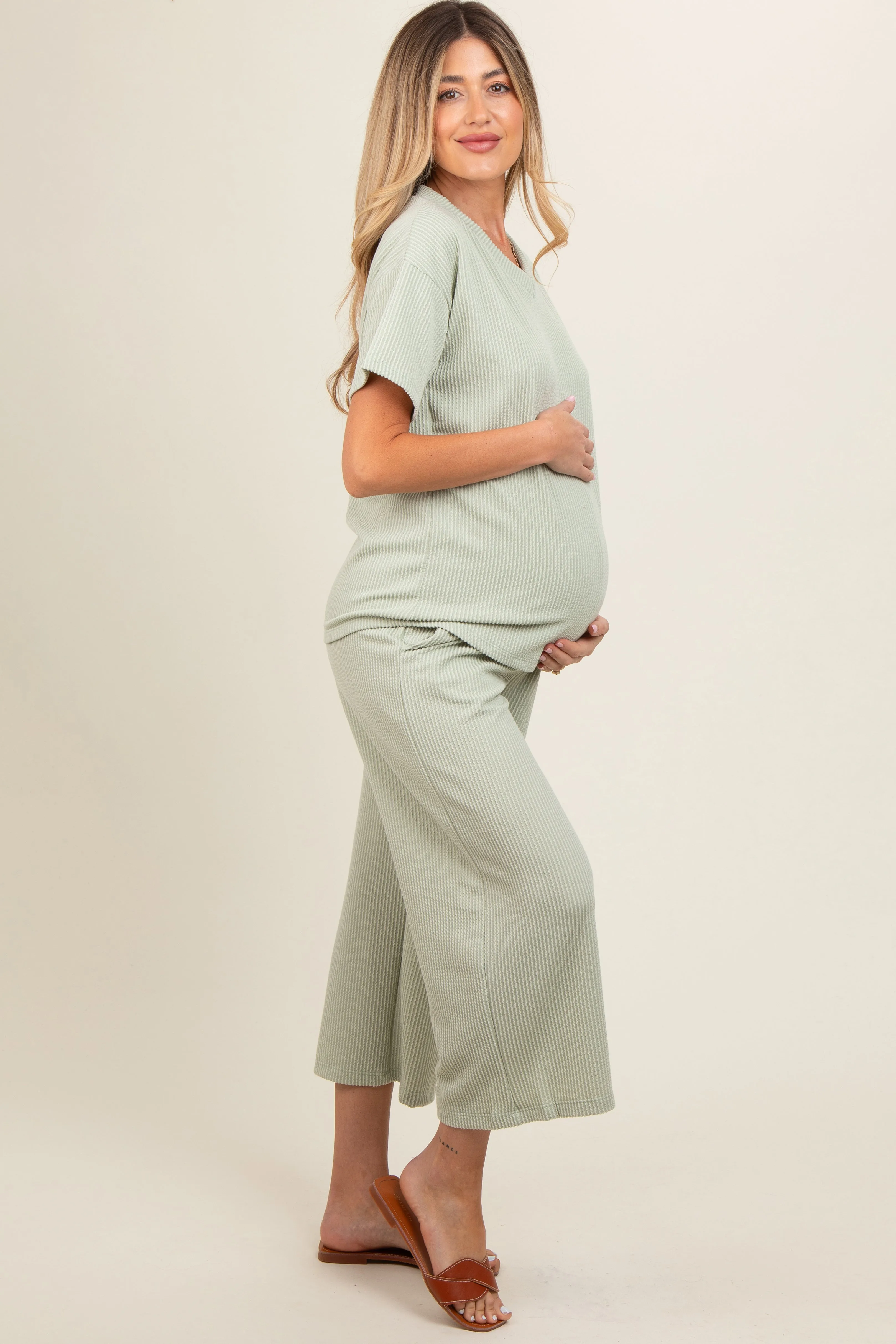 Sage Ribbed Short Sleeve Top Maternity Pajama Set sold by Pinkblush product image thumbnail 3