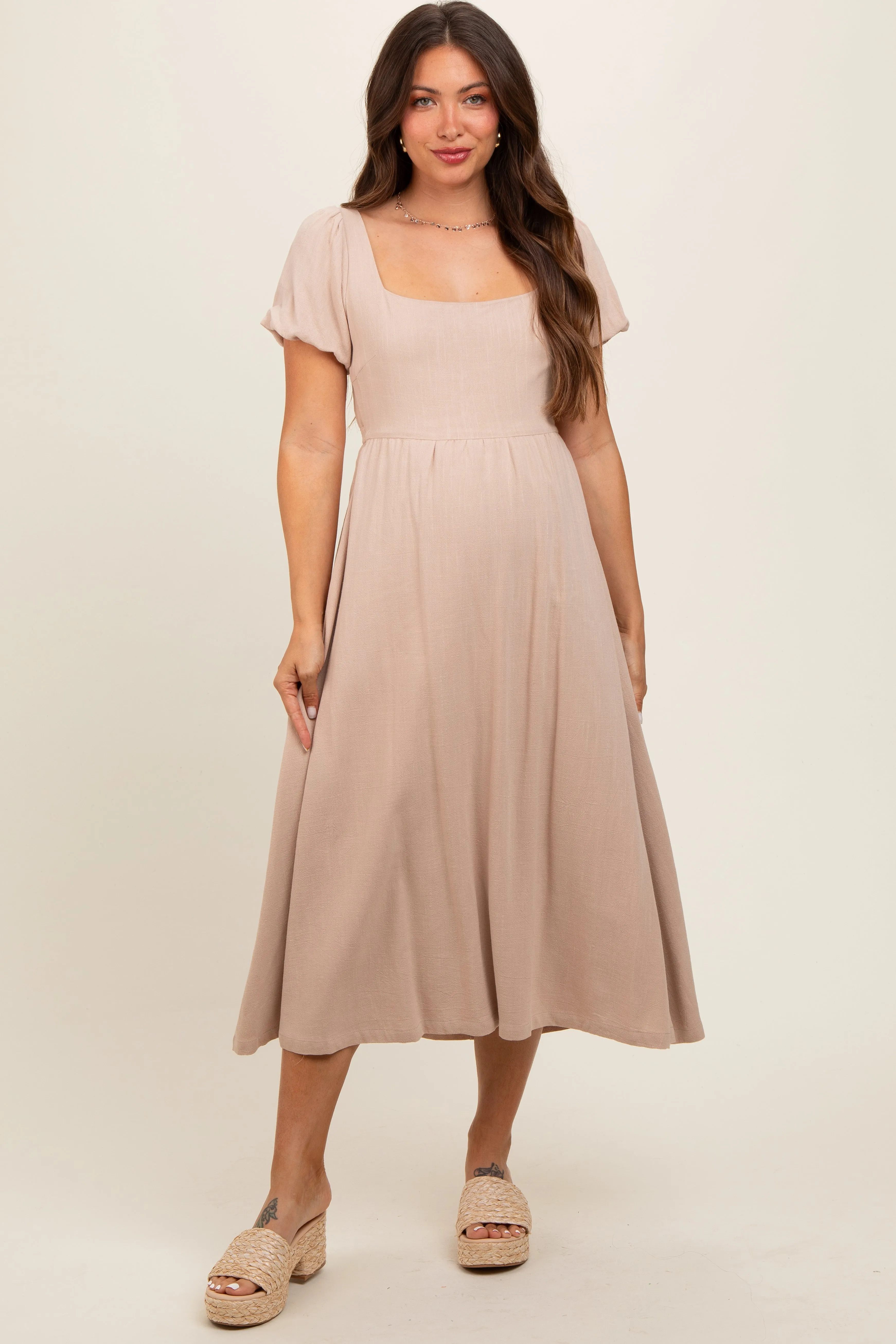 Taupe Puff Sleeve Linen Maternity Midi Dress sold by Pinkblush product image thumbnail 2