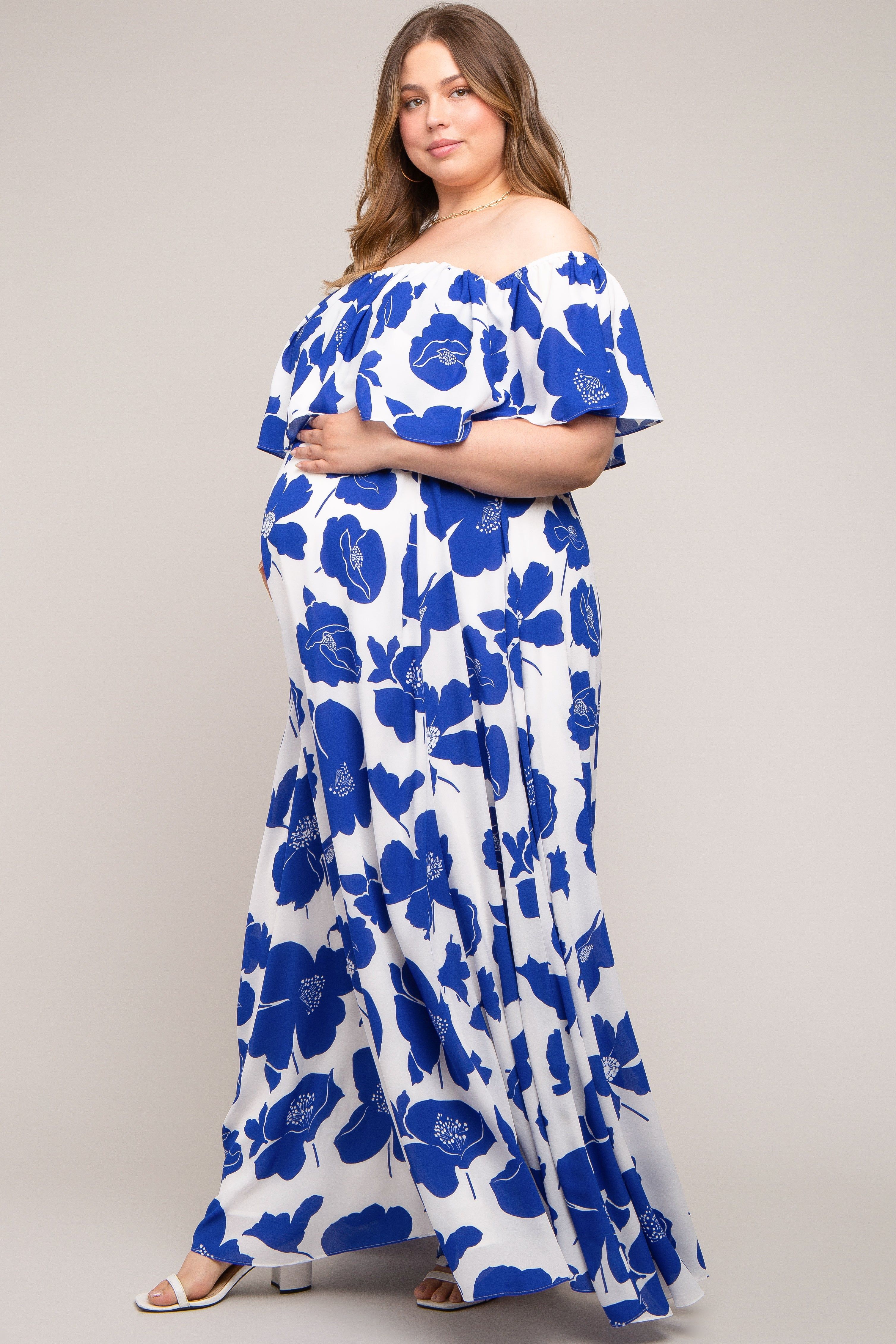 White Floral Off Shoulder Maternity Plus Maxi Dress sold by Pinkblush product image thumbnail 2