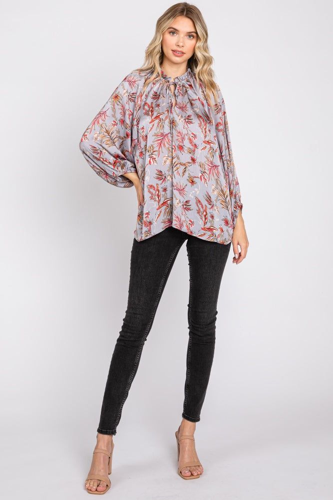 Grey Floral Ruffle Neck Puff 3/4 Sleeve Satin Top sold by Pinkblush product image thumbnail 4