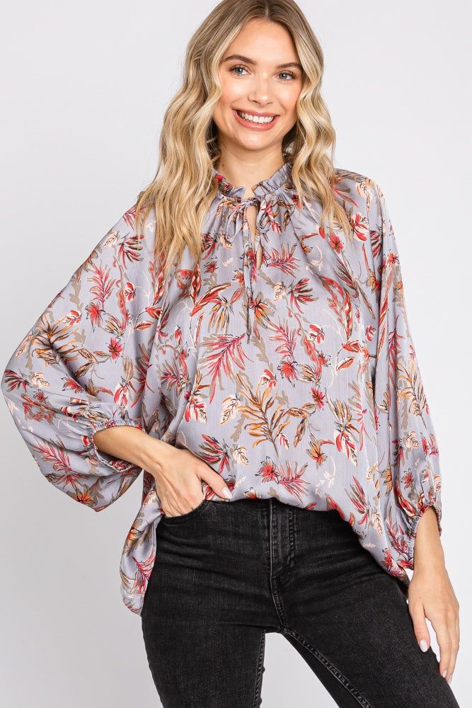 Grey Floral Ruffle Neck Puff 3/4 Sleeve Satin Top sold by Pinkblush