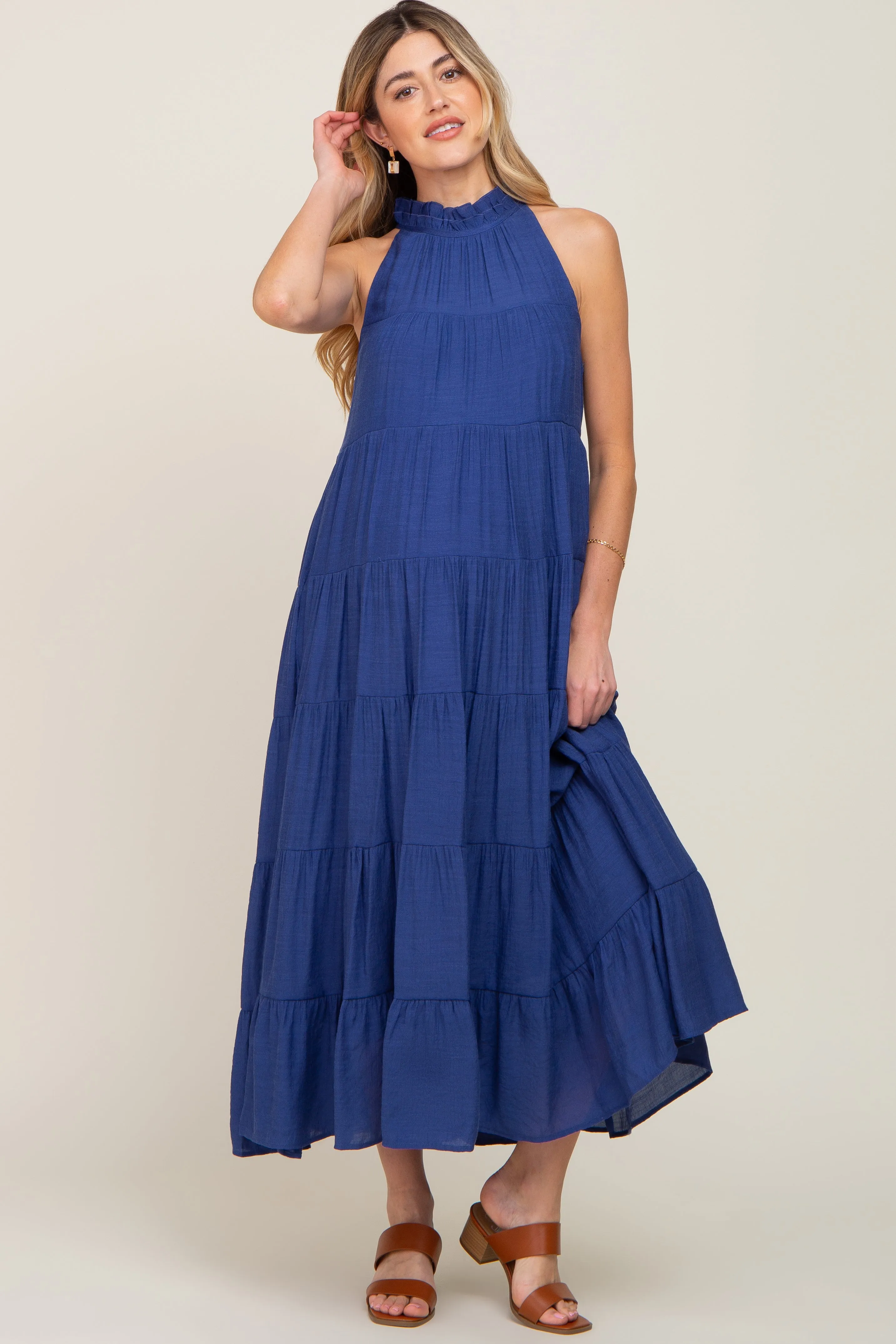 Navy Tiered High Neck Maternity Maxi Dress sold by Pinkblush product image thumbnail 5