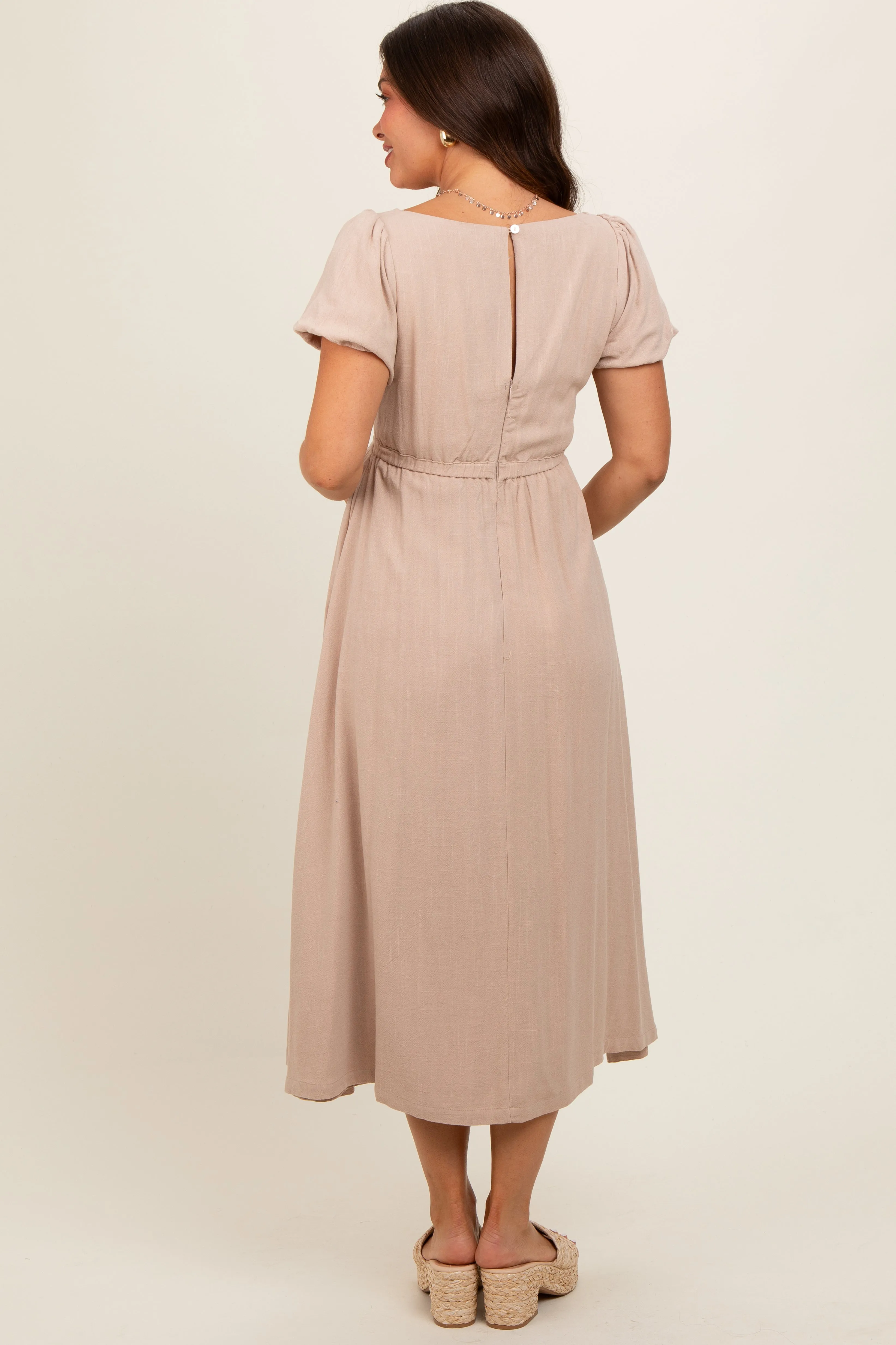 Taupe Puff Sleeve Linen Maternity Midi Dress sold by Pinkblush product image thumbnail 3