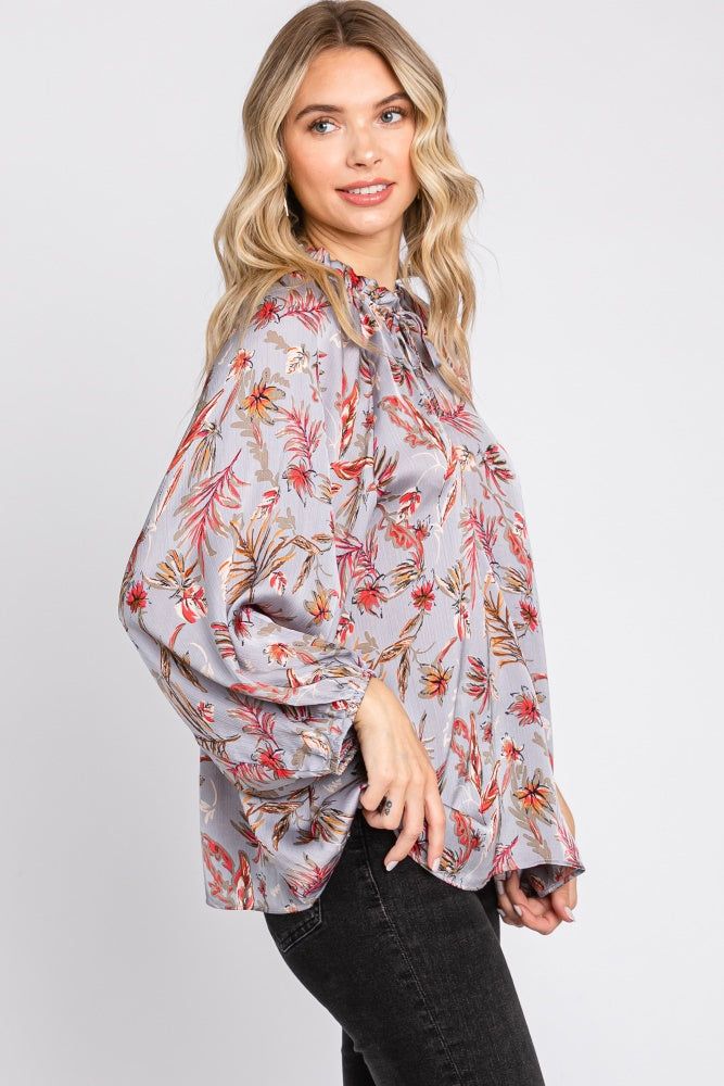 Grey Floral Ruffle Neck Puff 3/4 Sleeve Satin Top sold by Pinkblush product image thumbnail 2