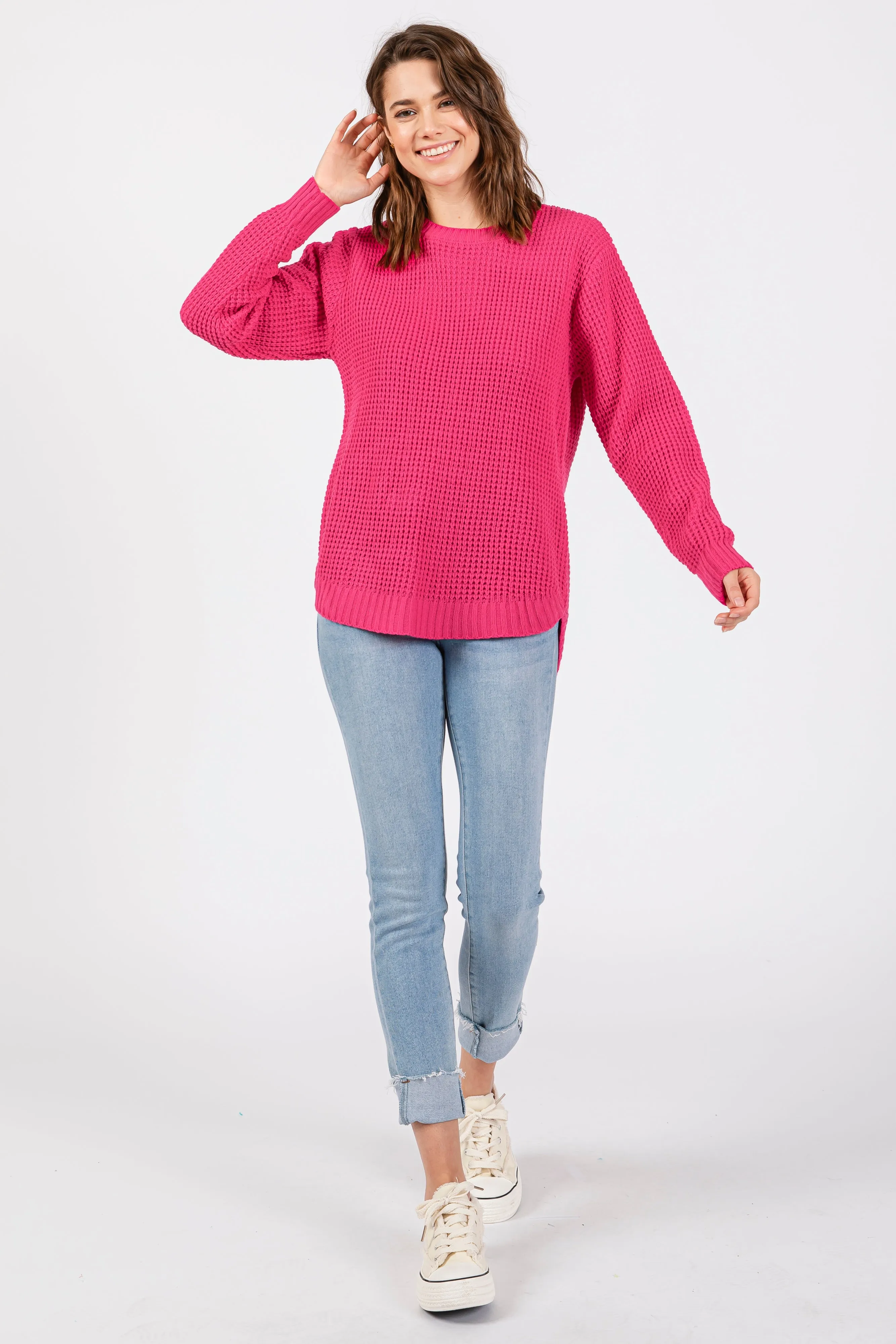 Fuchsia Waffle Knit Round Hem Sweater sold by Pinkblush product image thumbnail 4