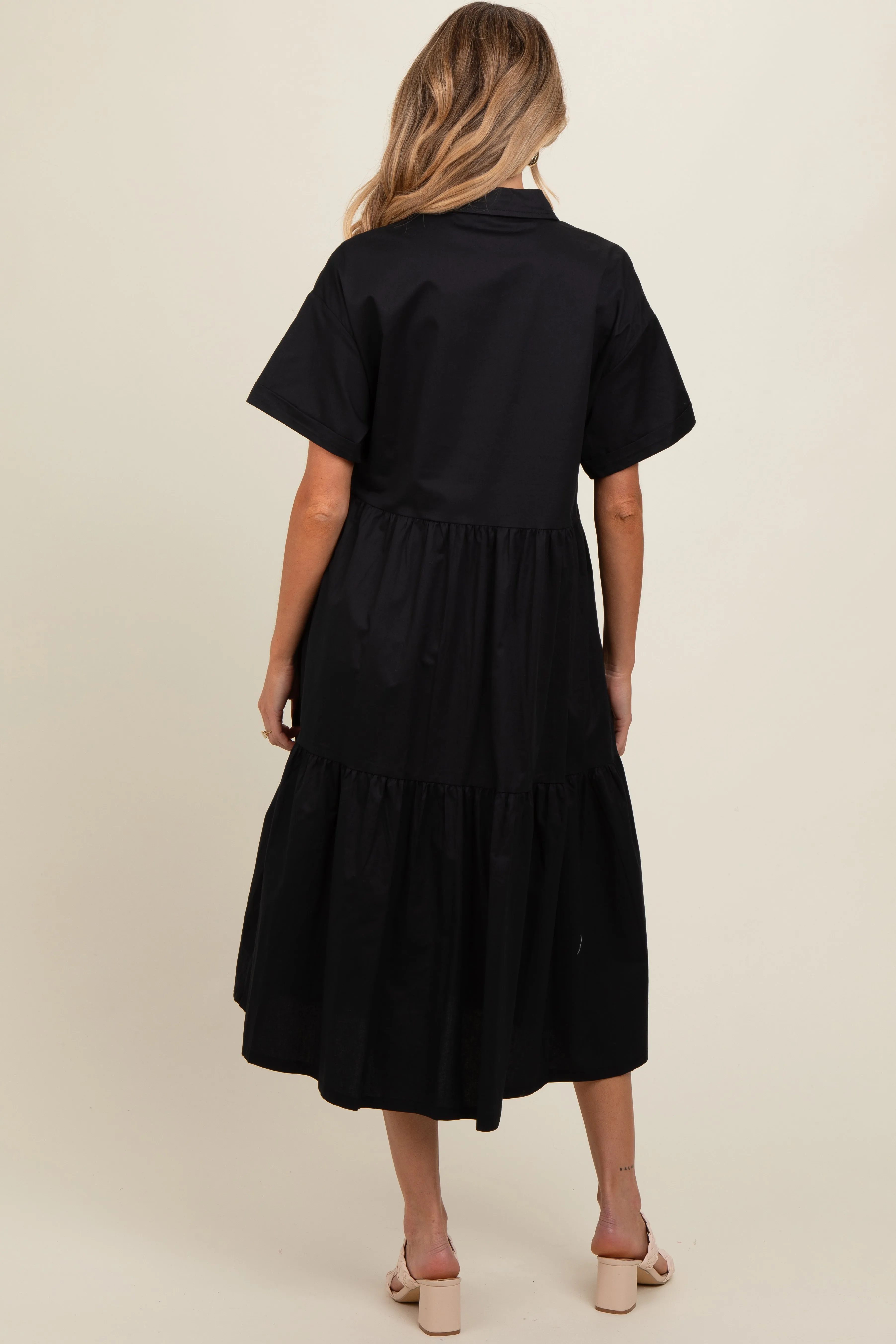 Black Tiered Button Down Maternity Midi Dress sold by Pinkblush product image thumbnail 4