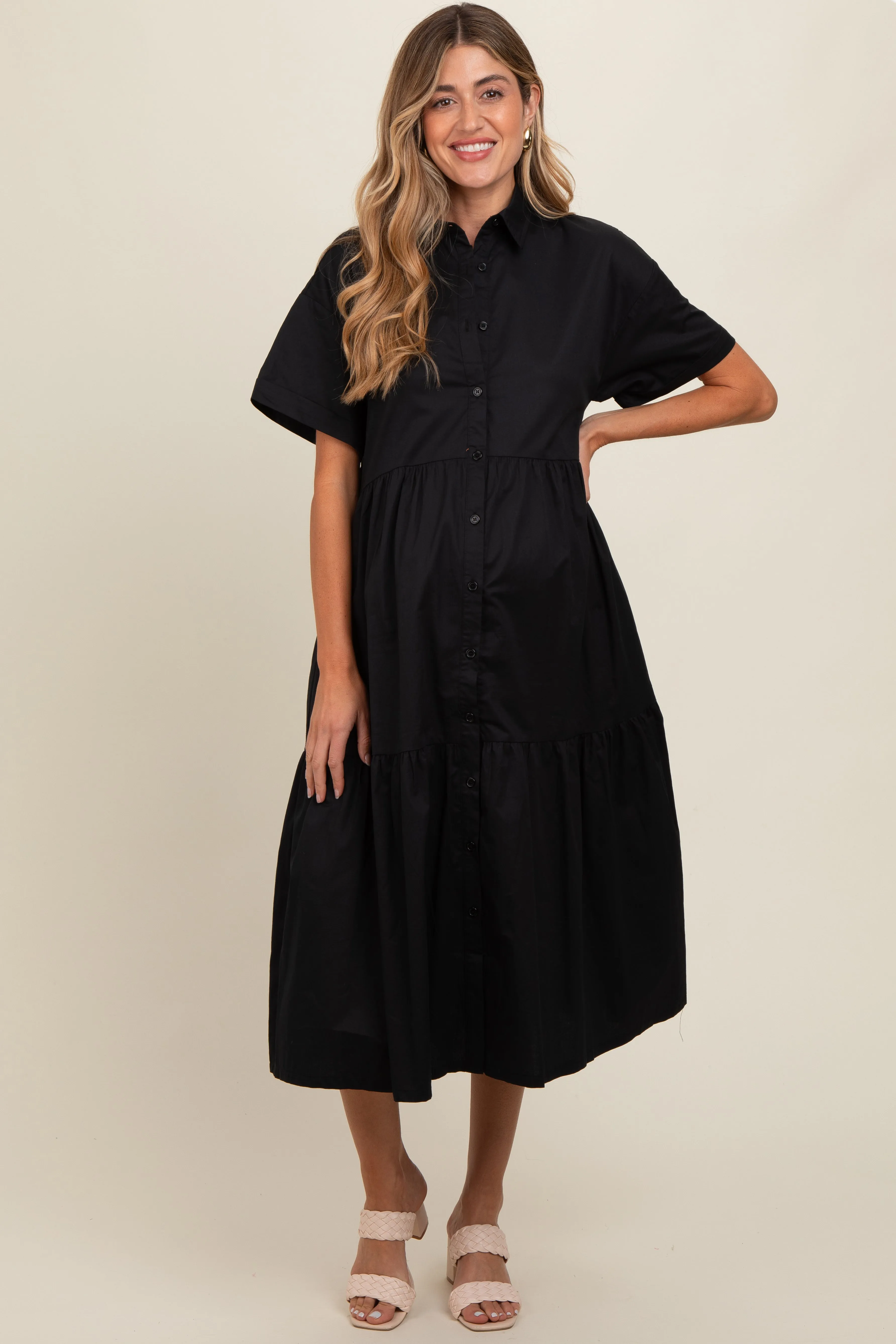 Black Tiered Button Down Maternity Midi Dress sold by Pinkblush