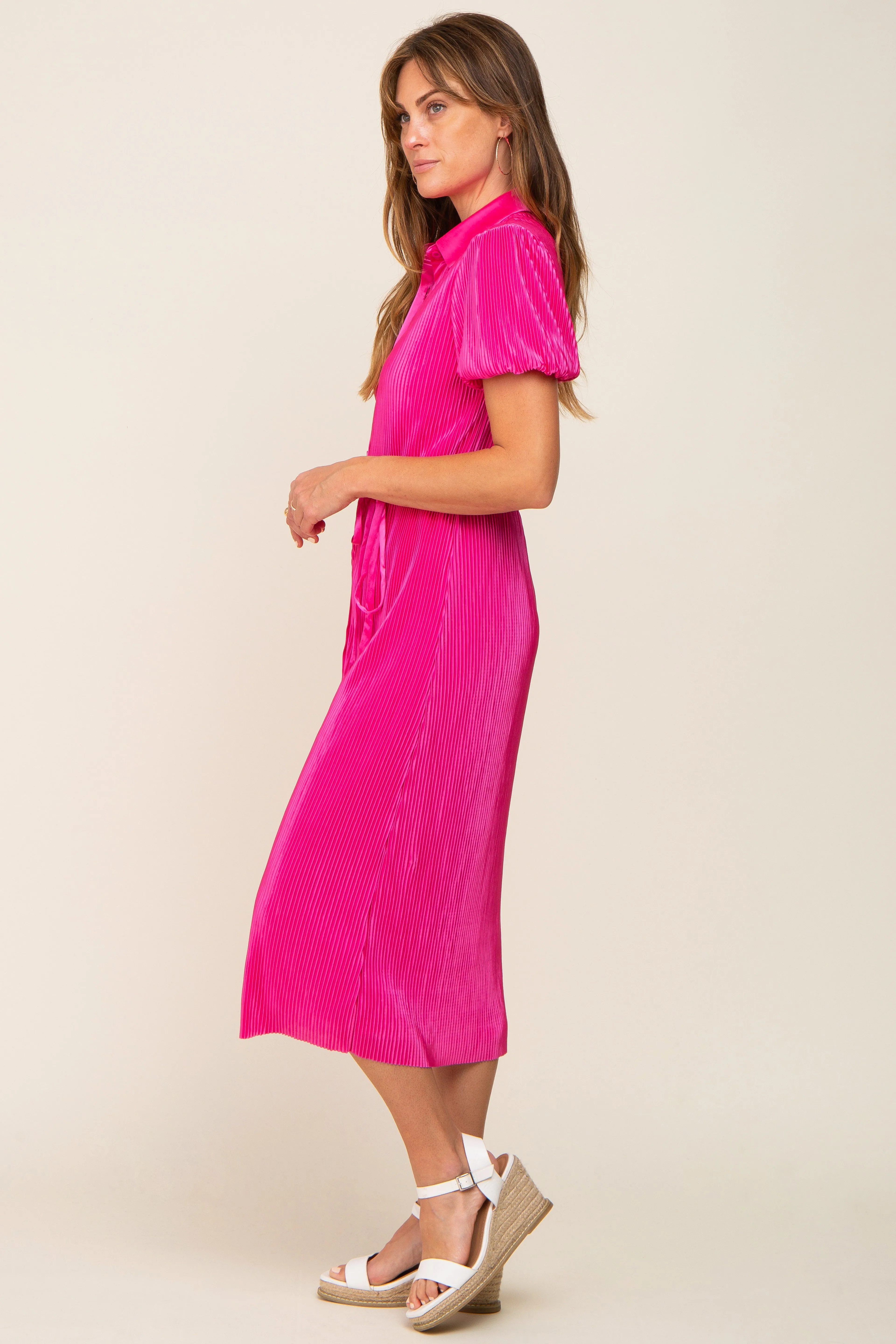 Fuchsia Pleated Button-Down Collared Midi Dress sold by Pinkblush product image thumbnail 2