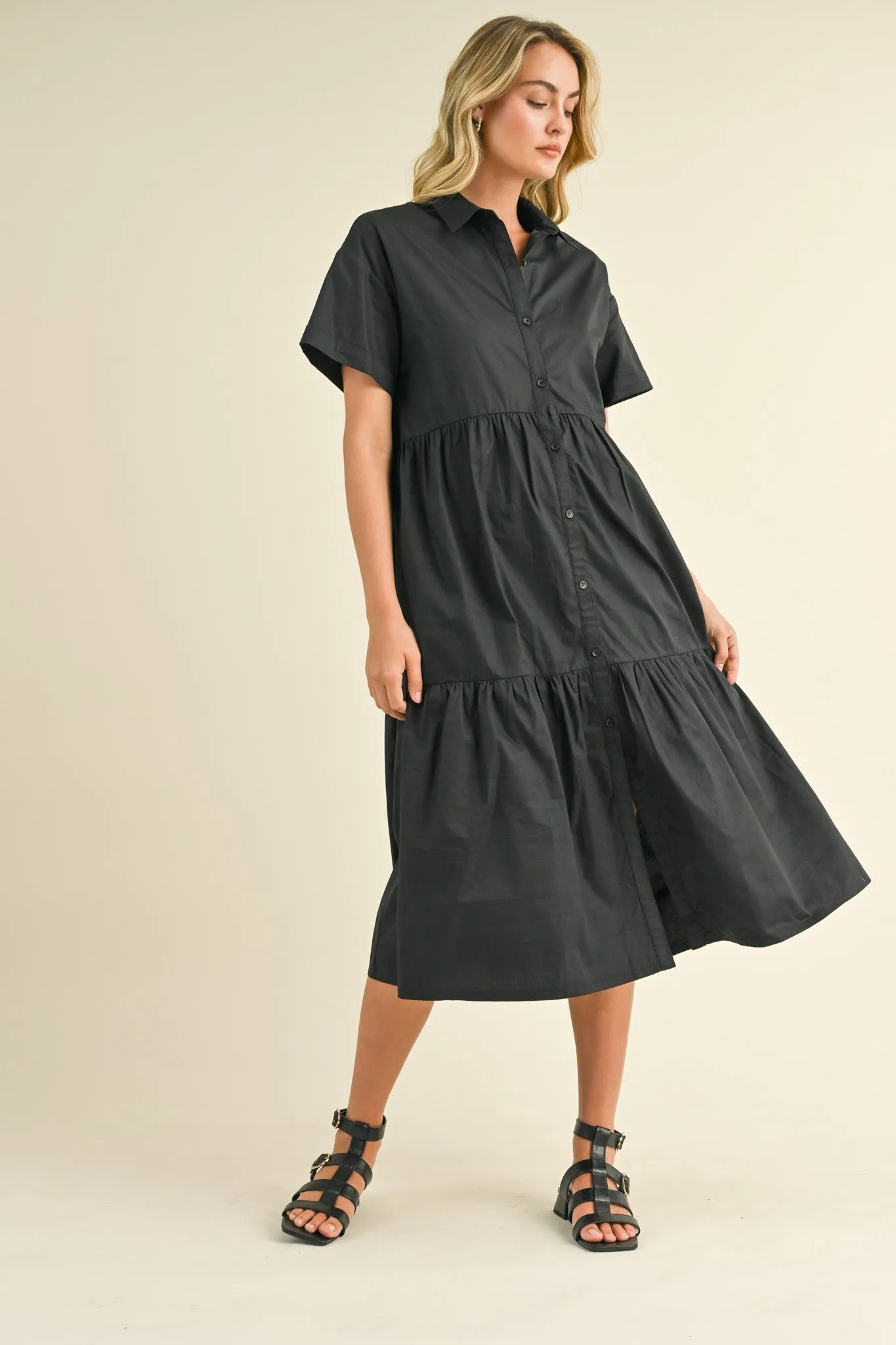 Black Tiered Button Down Maternity Midi Dress sold by Pinkblush product image thumbnail 5