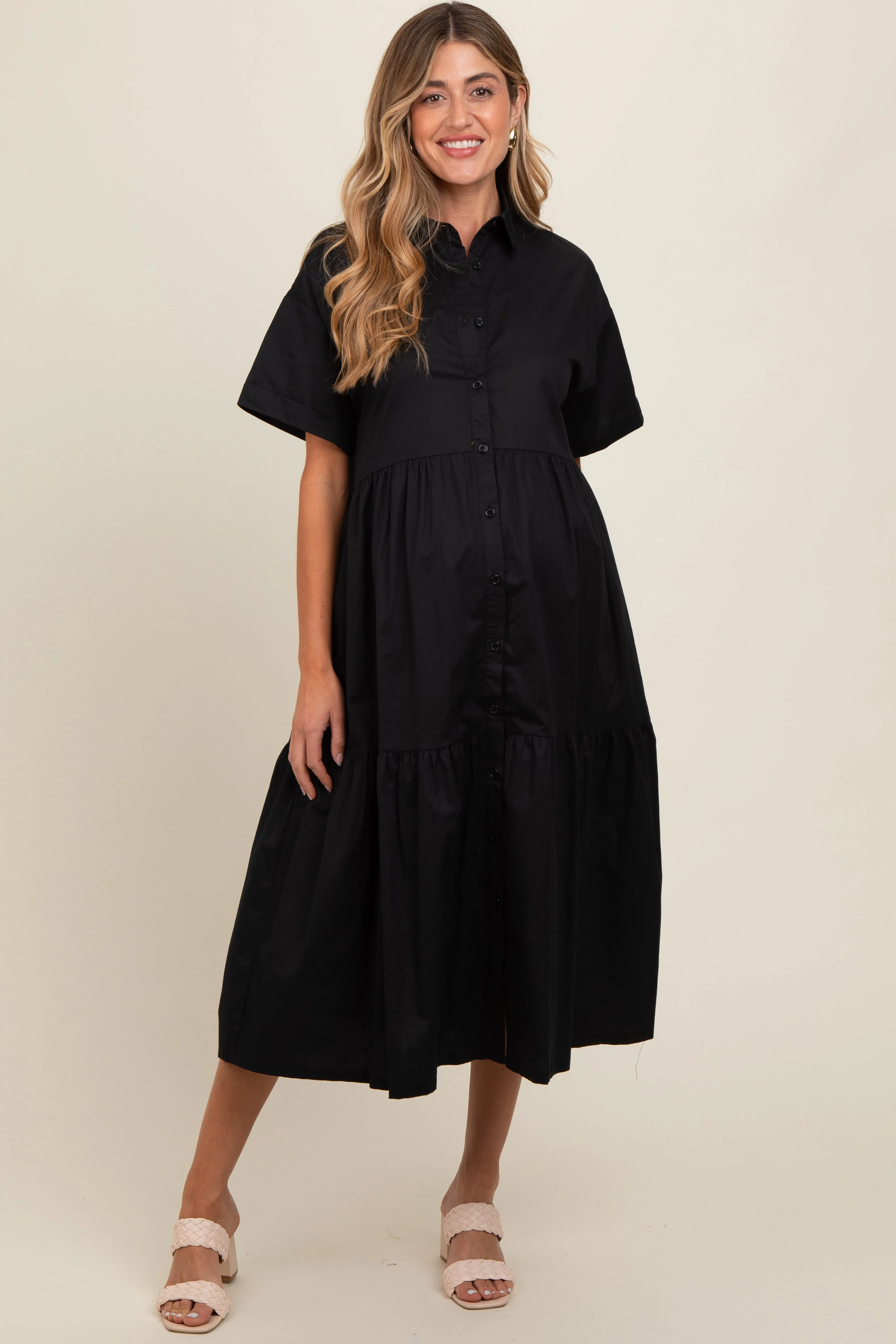 Black Tiered Button Down Maternity Midi Dress sold by Pinkblush product image thumbnail 2