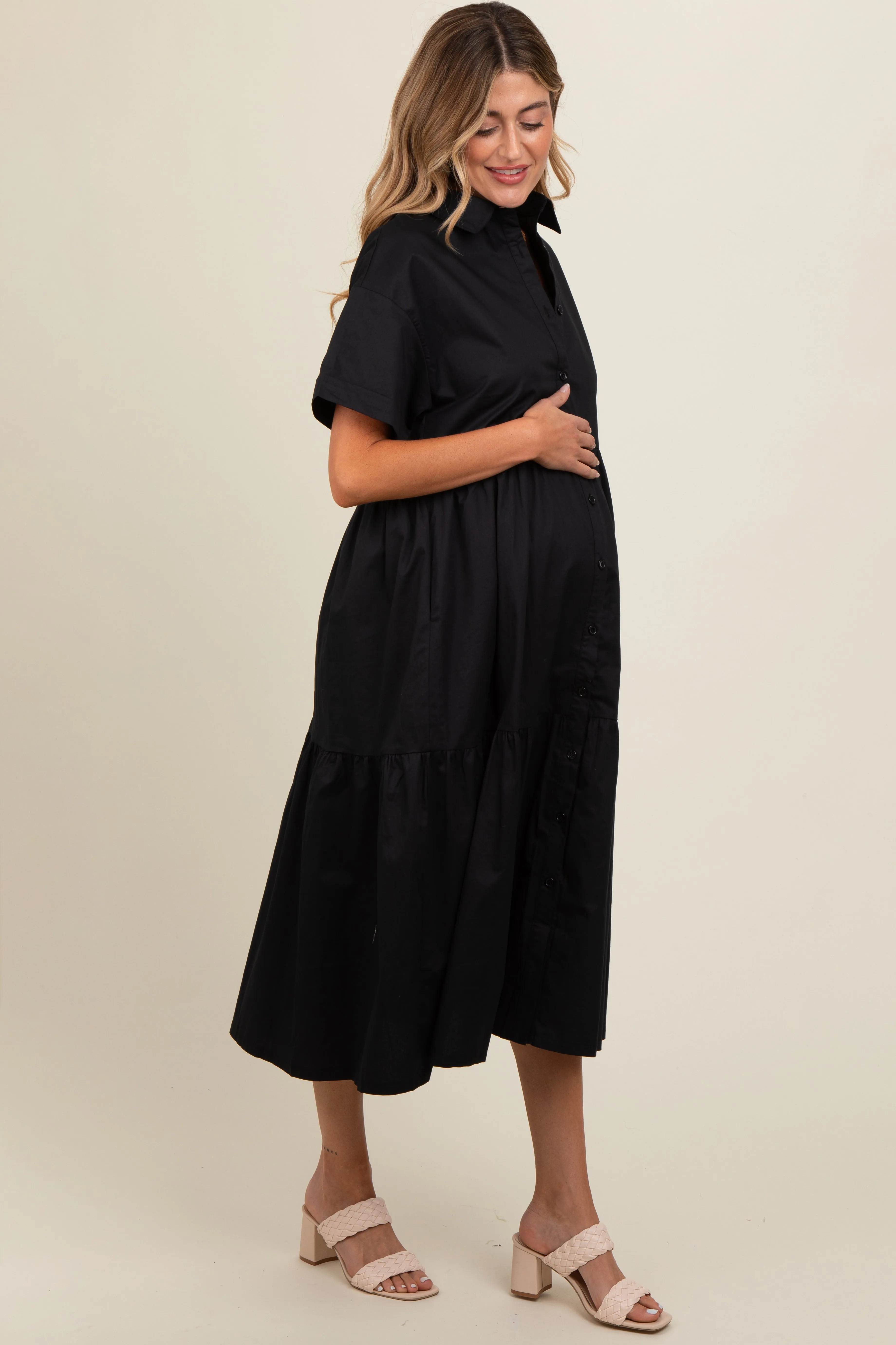 Black Tiered Button Down Maternity Midi Dress sold by Pinkblush product image thumbnail 3