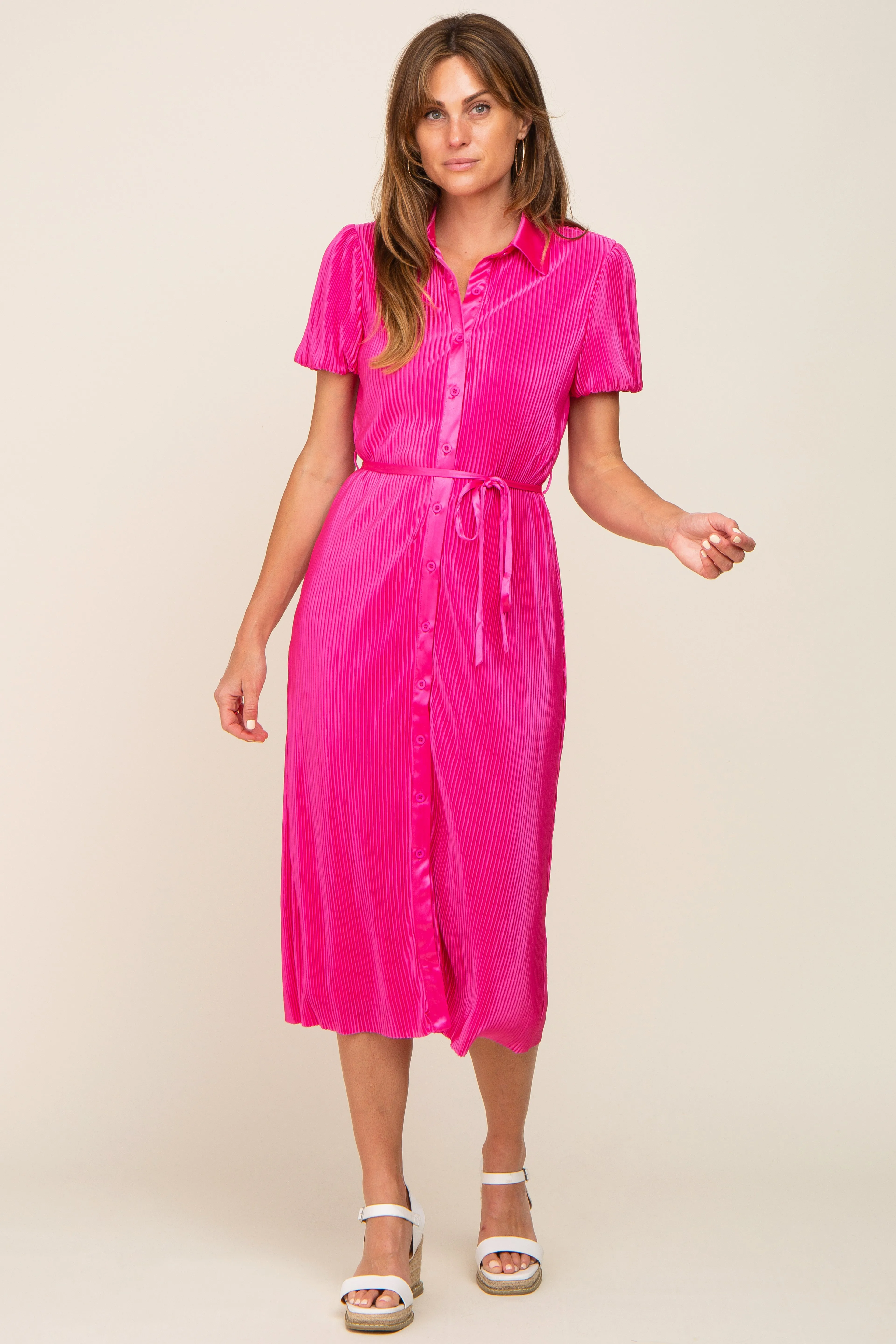 Fuchsia Pleated Button-Down Collared Midi Dress sold by Pinkblush product image thumbnail 4