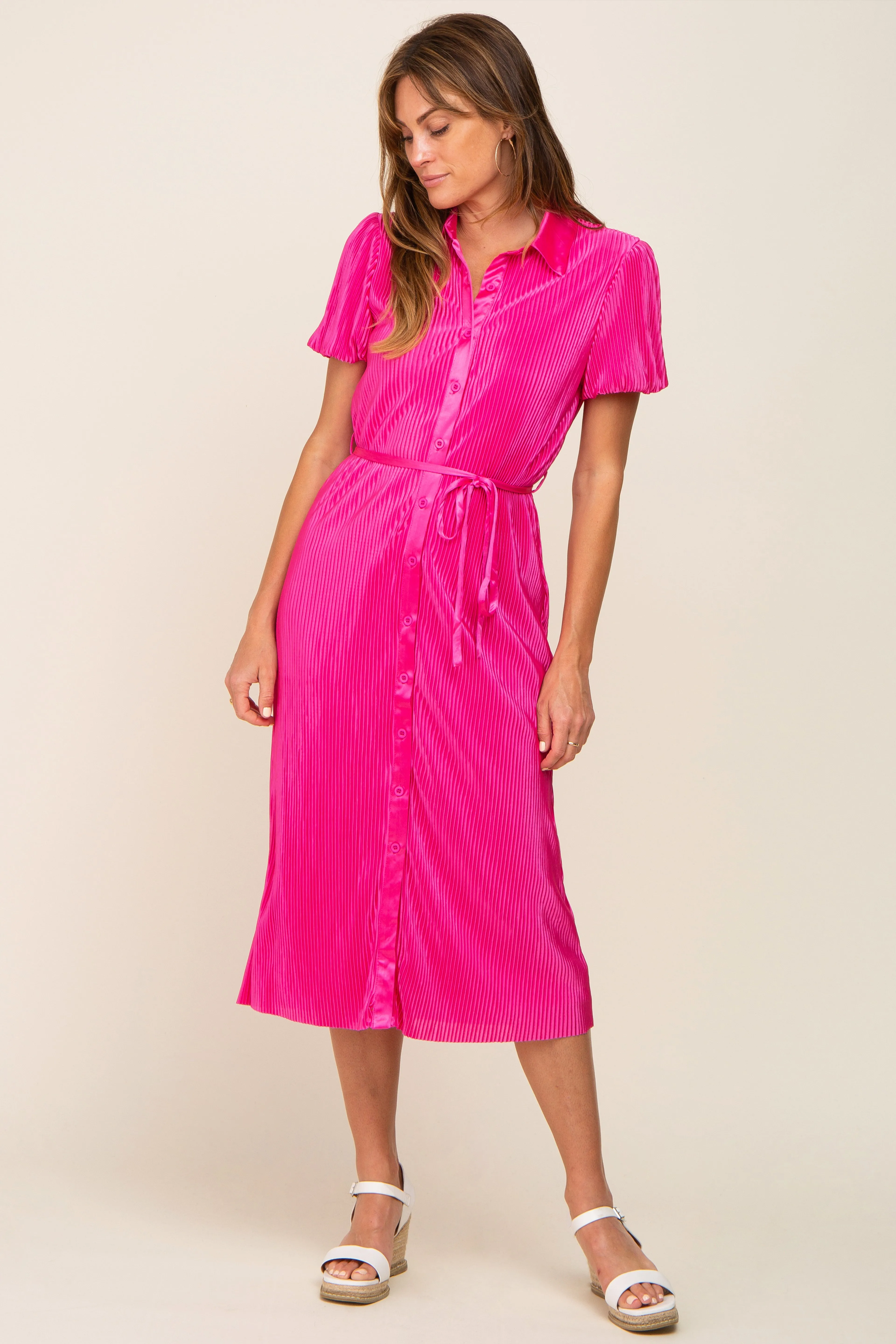 Fuchsia Pleated Button-Down Collared Midi Dress sold by Pinkblush