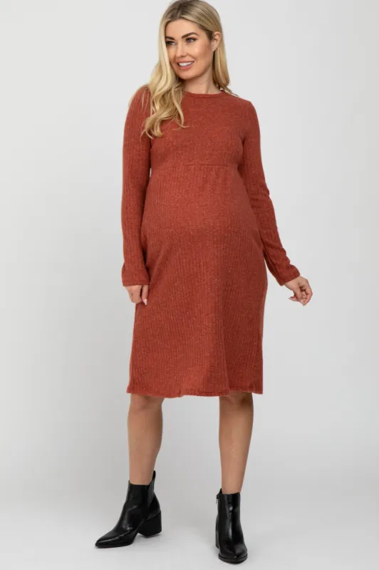 Rust Brushed Ribbed Knit Maternity Dress sold by Pinkblush