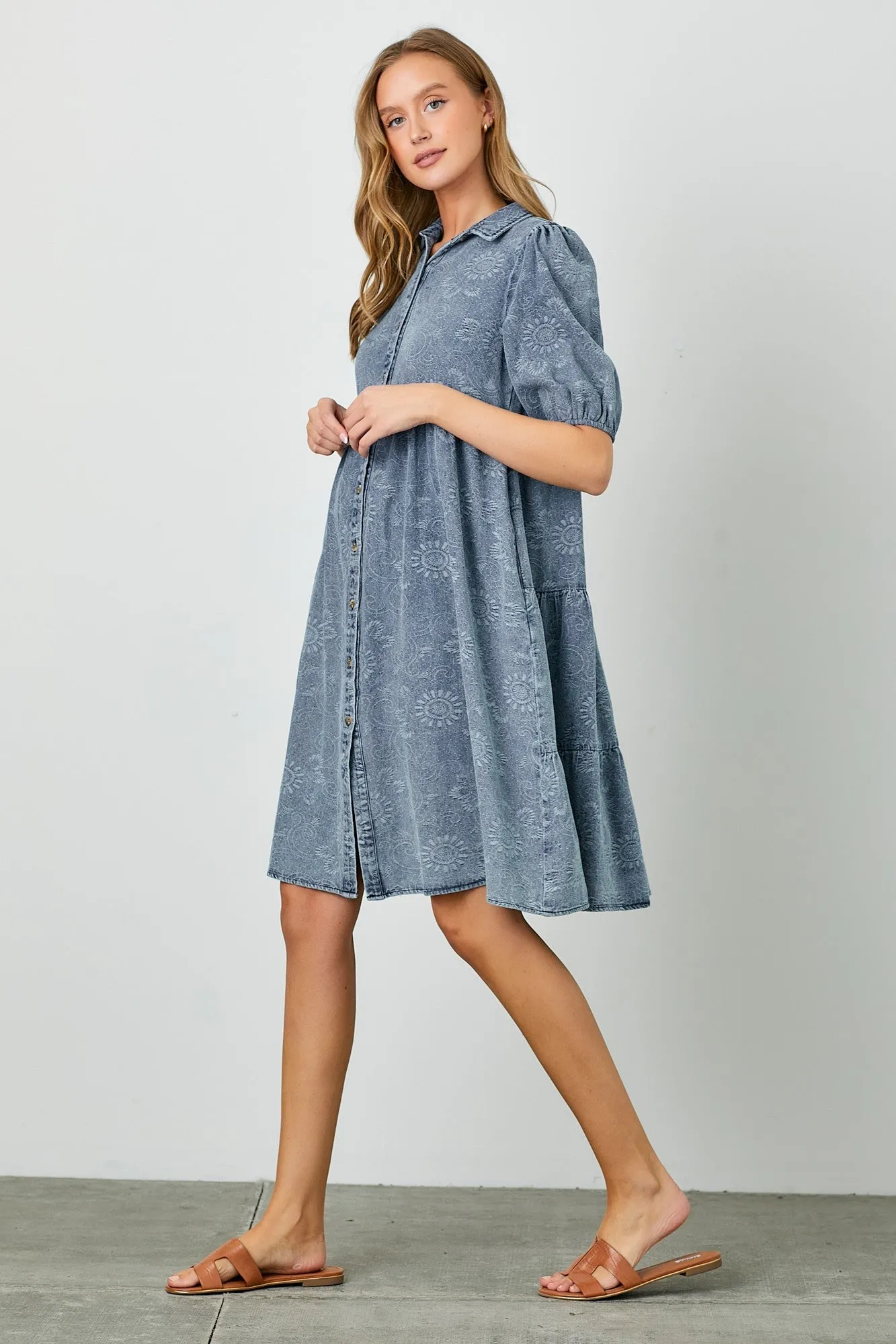 Blue Denim Button Front Short Puff Sleeve Dress sold by Pinkblush product image thumbnail 2