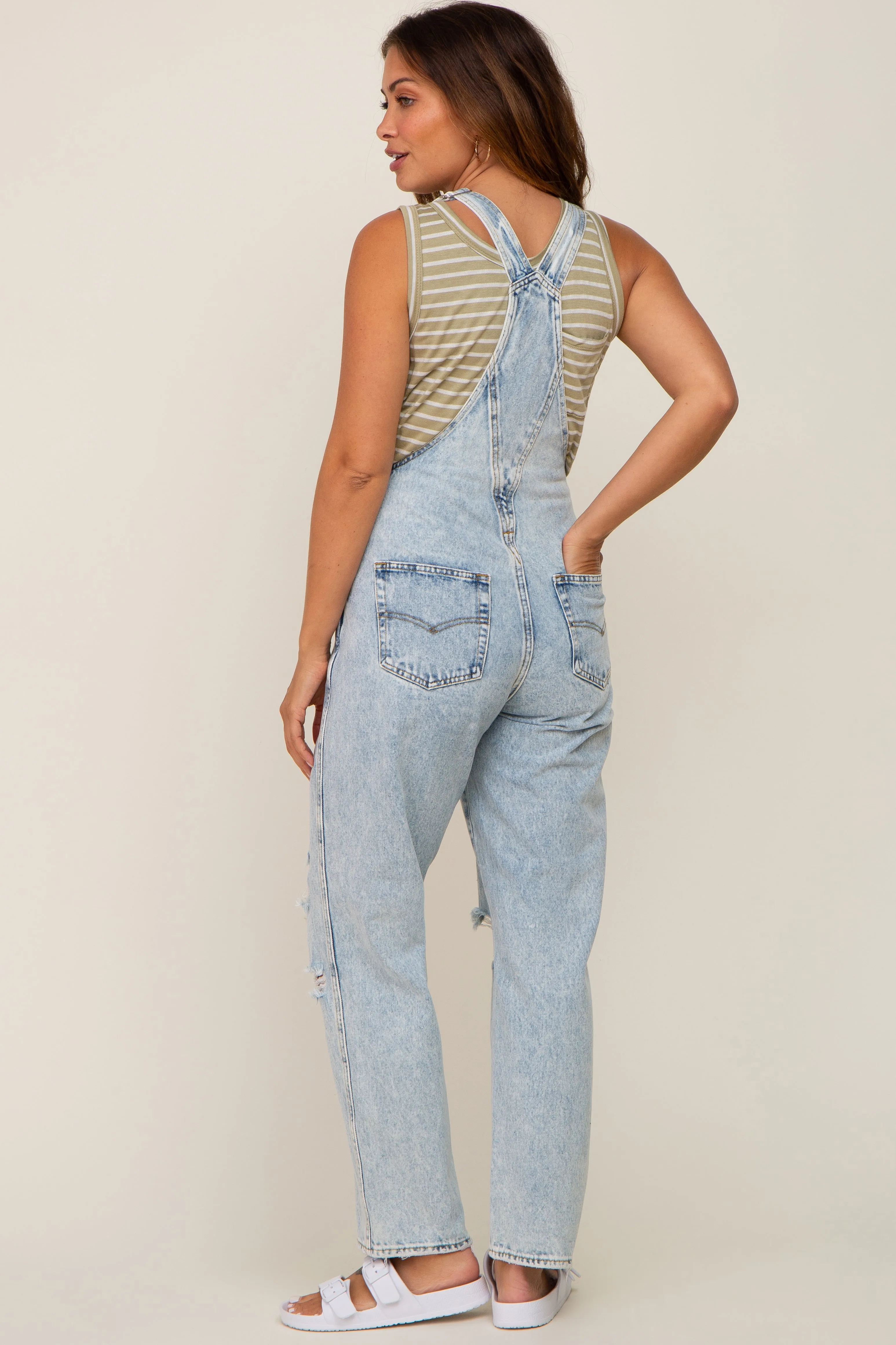 Light Wash Distressed Denim Maternity Overalls sold by Pinkblush product image thumbnail 3