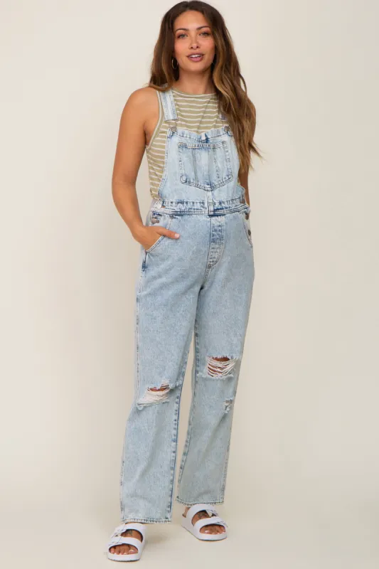 Light Wash Distressed Denim Maternity Overalls sold by Pinkblush