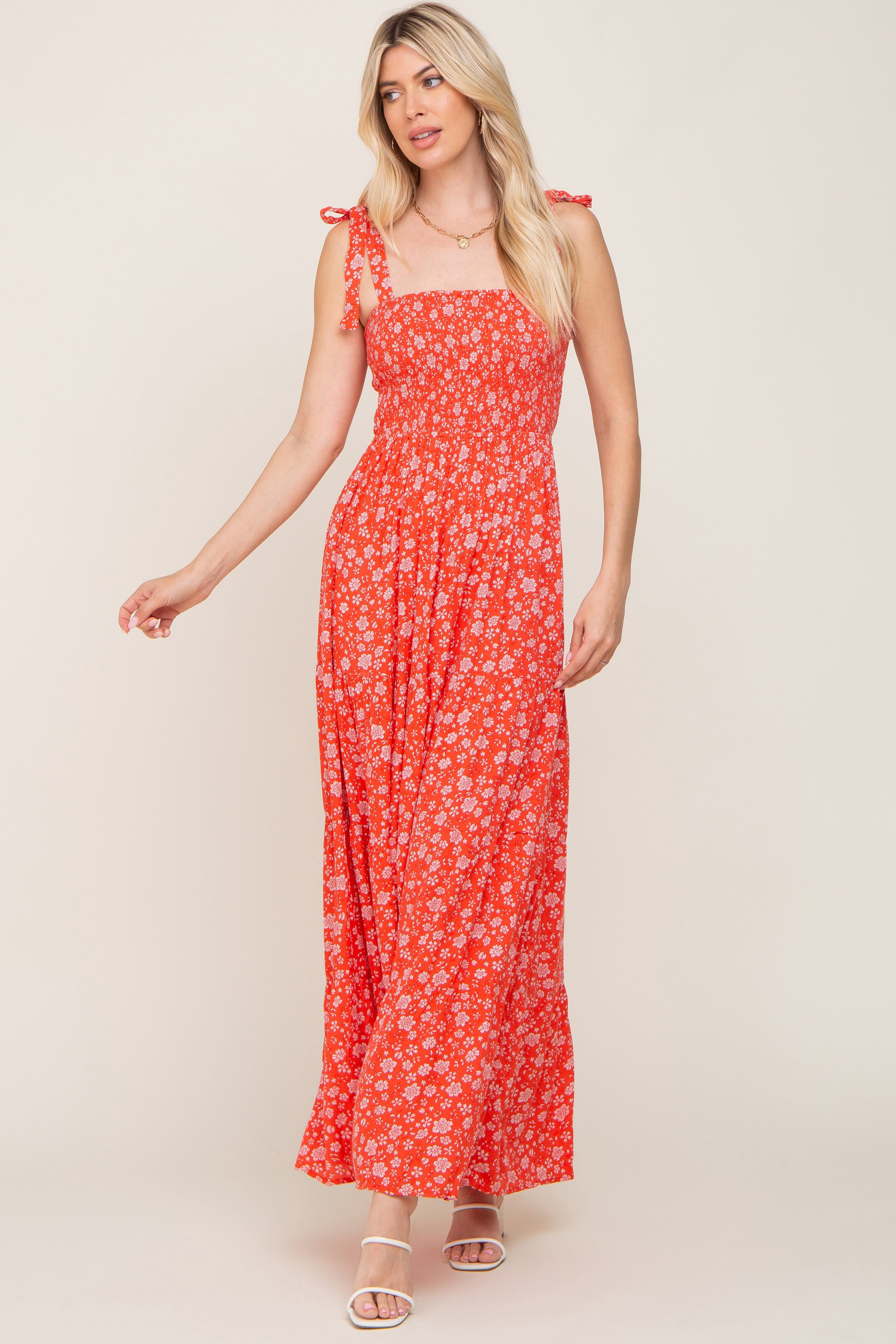 Coral Floral Square Neck Smocked Tiered Maxi Dress sold by Pinkblush