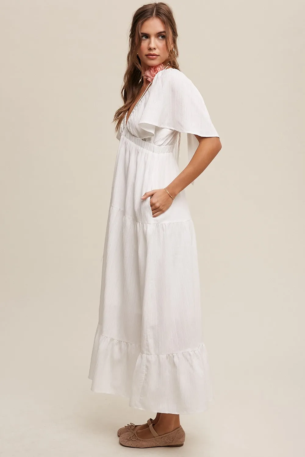 Ivory Deep V-Neck Flutter Sleeve Tiered Midi Dress sold by Pinkblush product image thumbnail 2