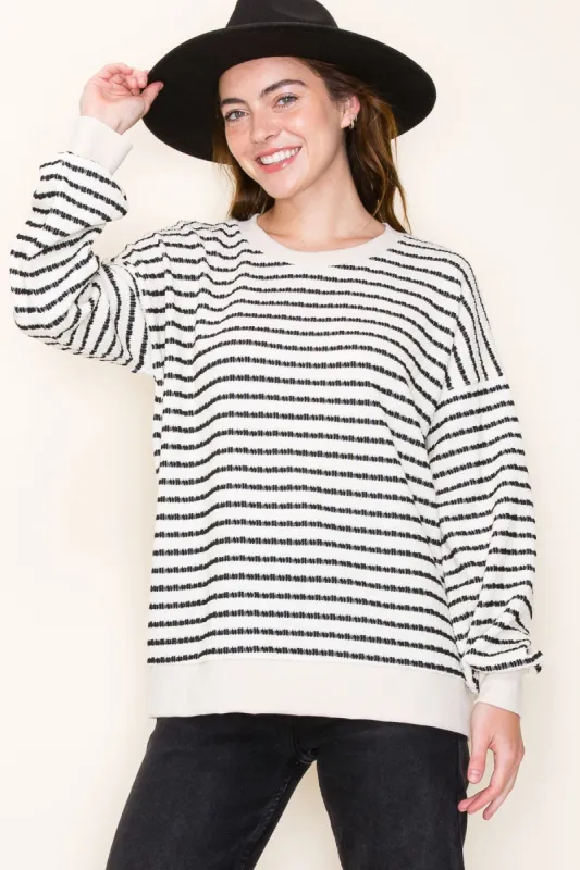 Cream Striped Textured Long Sleeve Top sold by Pinkblush